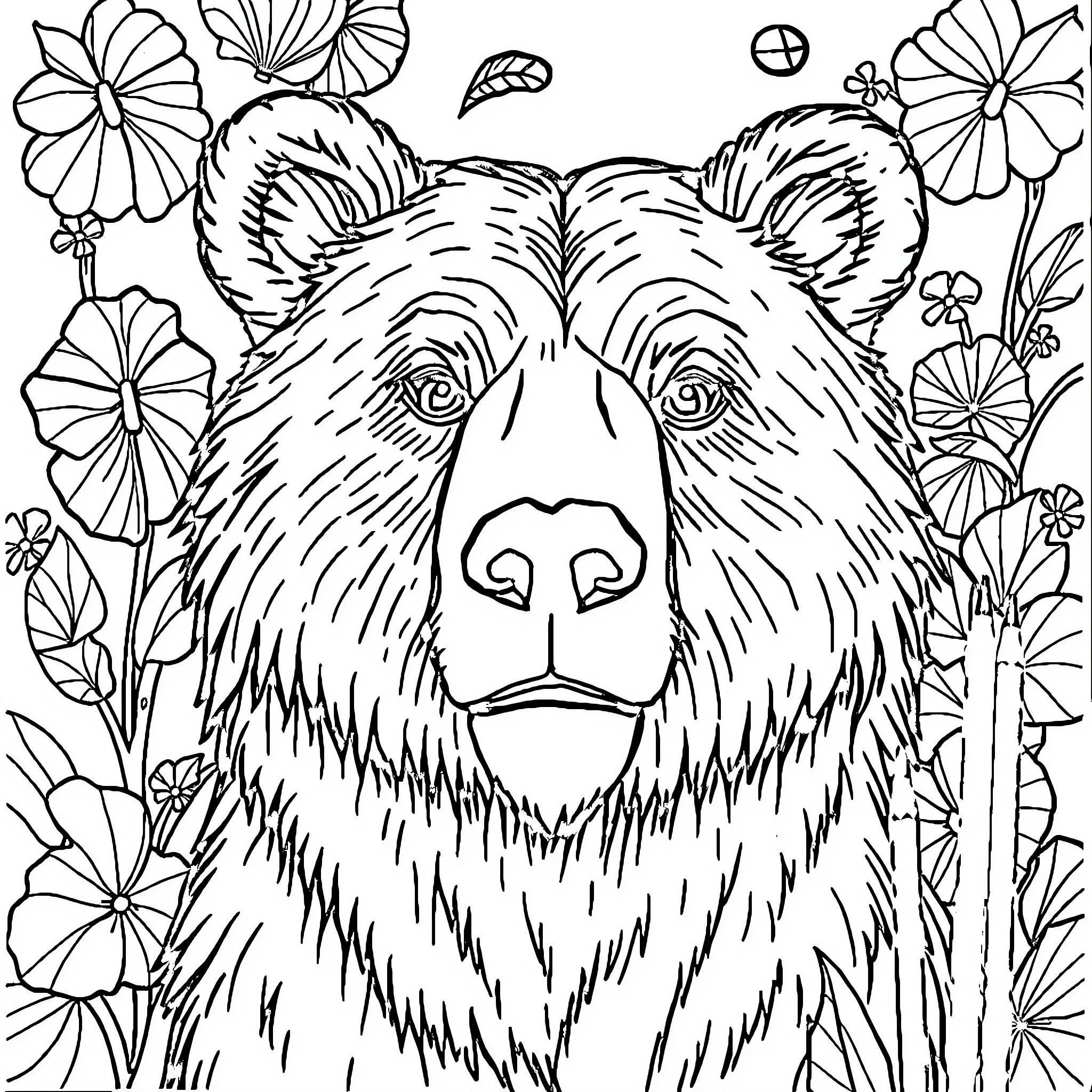 Bear surrounded by whimsical floral elements Coloring Page (free black-and-white line drawing printable PDF for all, from beginners to advanced learners, including children, teens, adults, and seniors)