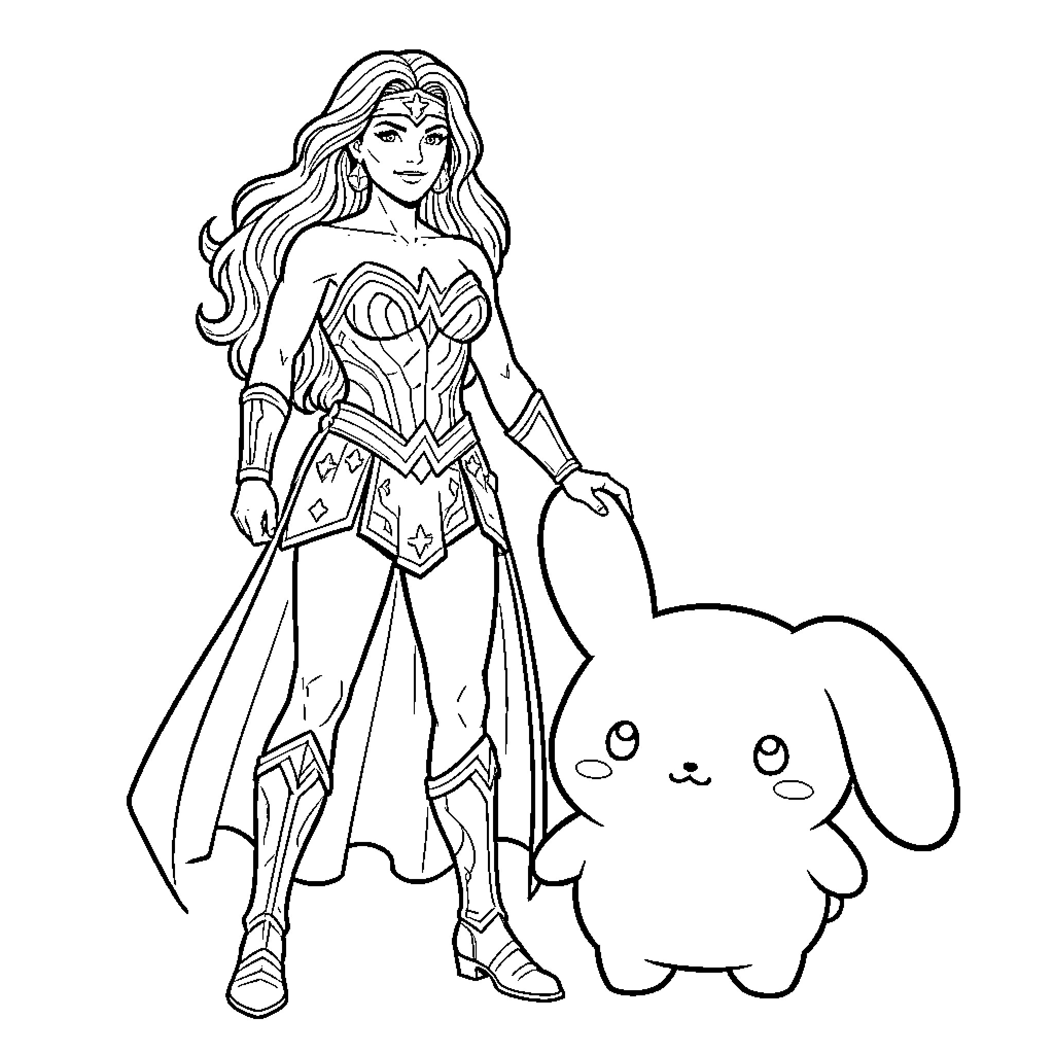 Wonder Woman standing heroically beside a cute bunny Coloring Page (free black-and-white line drawing printable PDF for all, from beginners to advanced learners, including children, teens, adults, and seniors)