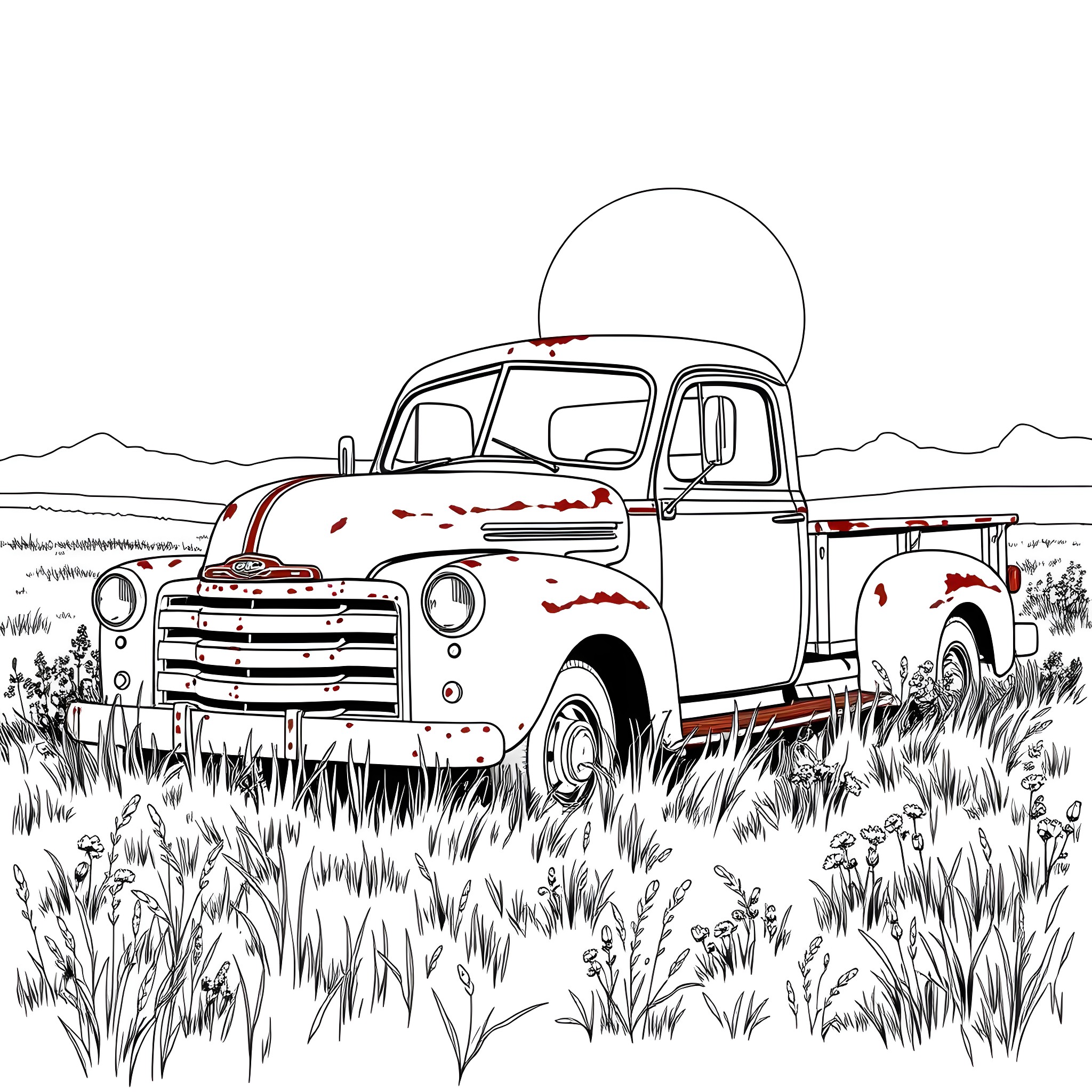 Truck parked in grassy field with mountains Coloring Page (free black-and-white line drawing printable PDF for all, from beginners to advanced learners, including children, teens, adults, and seniors)