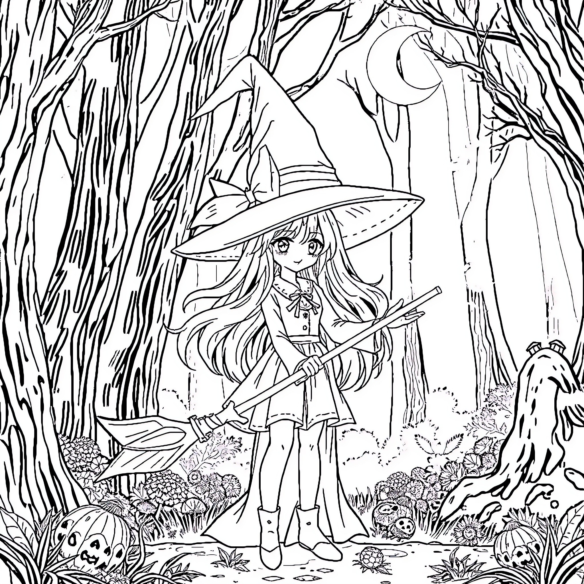 Witch exploring the enchanted forest at night Coloring Page (free black-and-white line drawing printable PDF for all, from beginners to advanced learners, including children, teens, adults, and seniors)