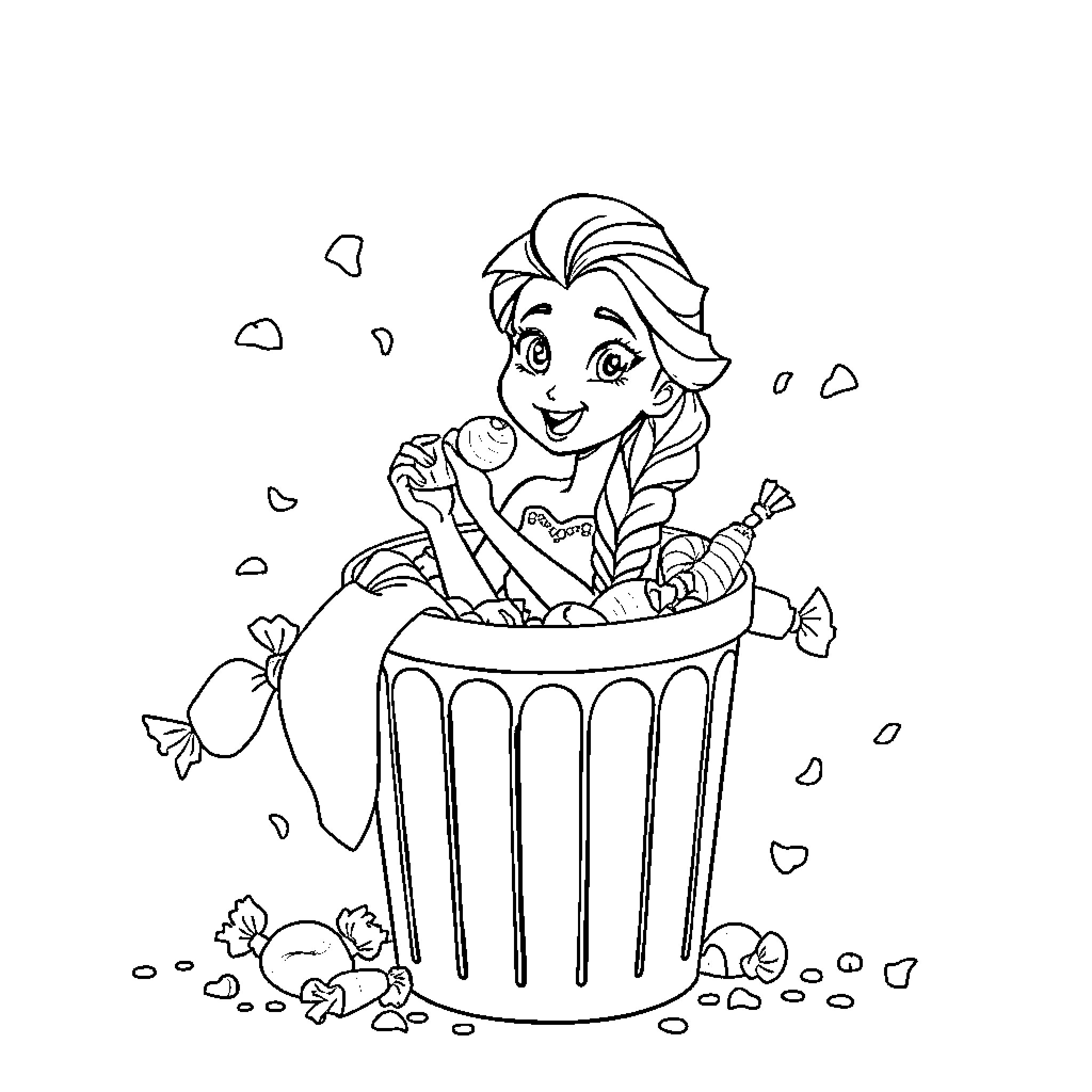 Elsa's Trash Picking Adventure Coloring Page (free black-and-white line drawing printable PDF for all, from beginners to advanced learners, including children, teens, adults, and seniors)