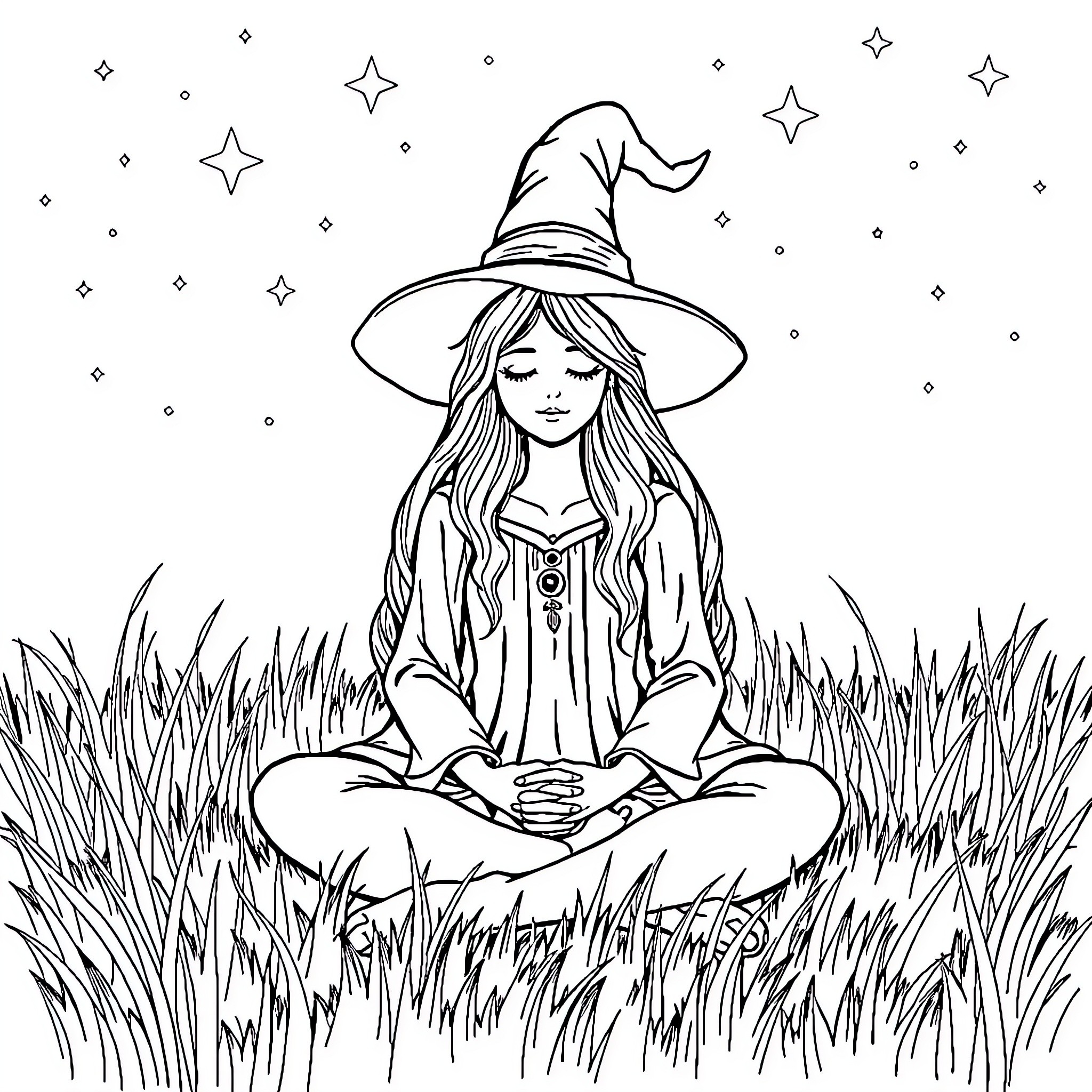 Witch meditating in a starry field Coloring Page (free black-and-white line drawing printable PDF for all, from beginners to advanced learners, including children, teens, adults, and seniors)