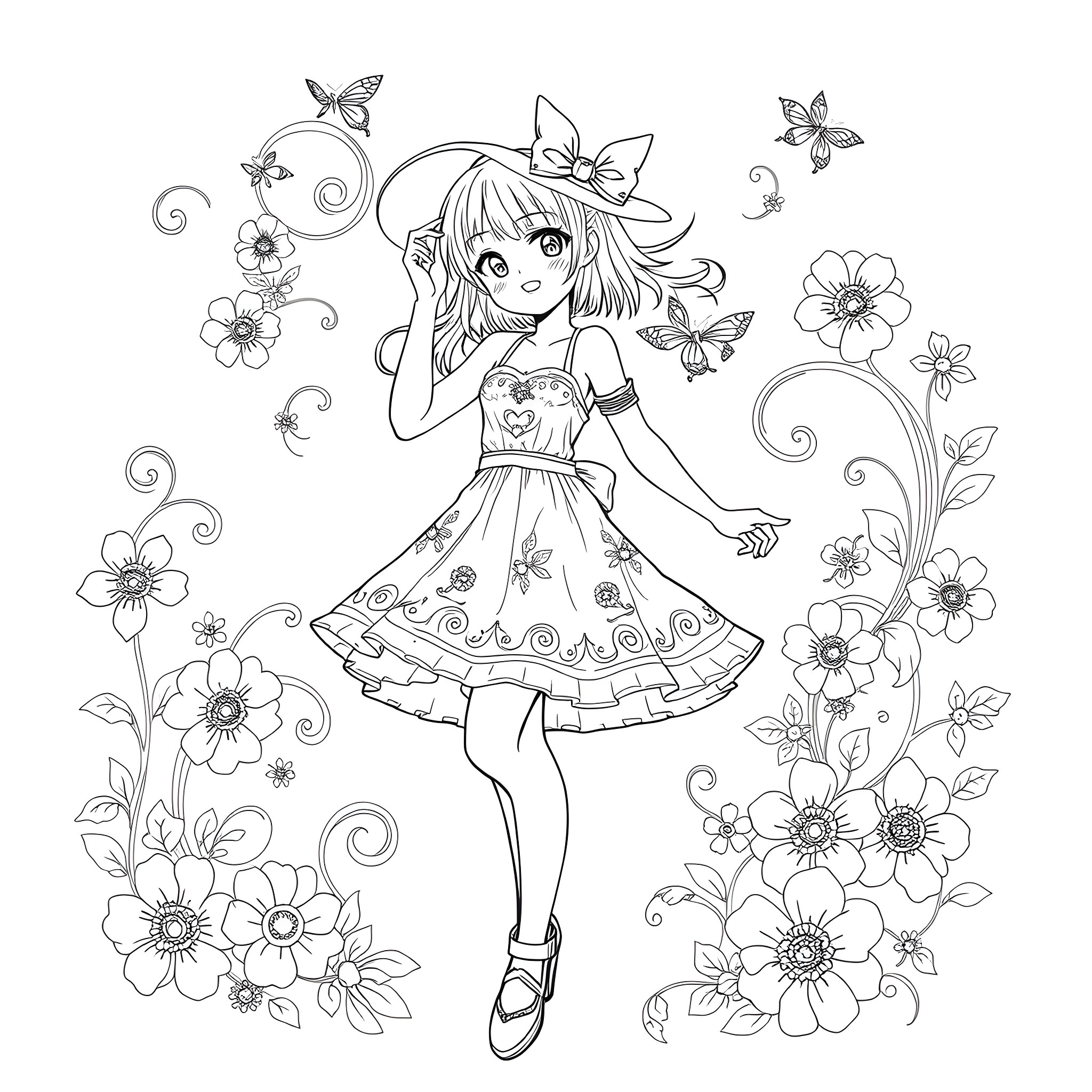 Anime Girl in Floral Dress and Butterflies Coloring Page (free black-and-white line drawing printable PDF for all, from beginners to advanced learners, including children, teens, adults, and seniors)