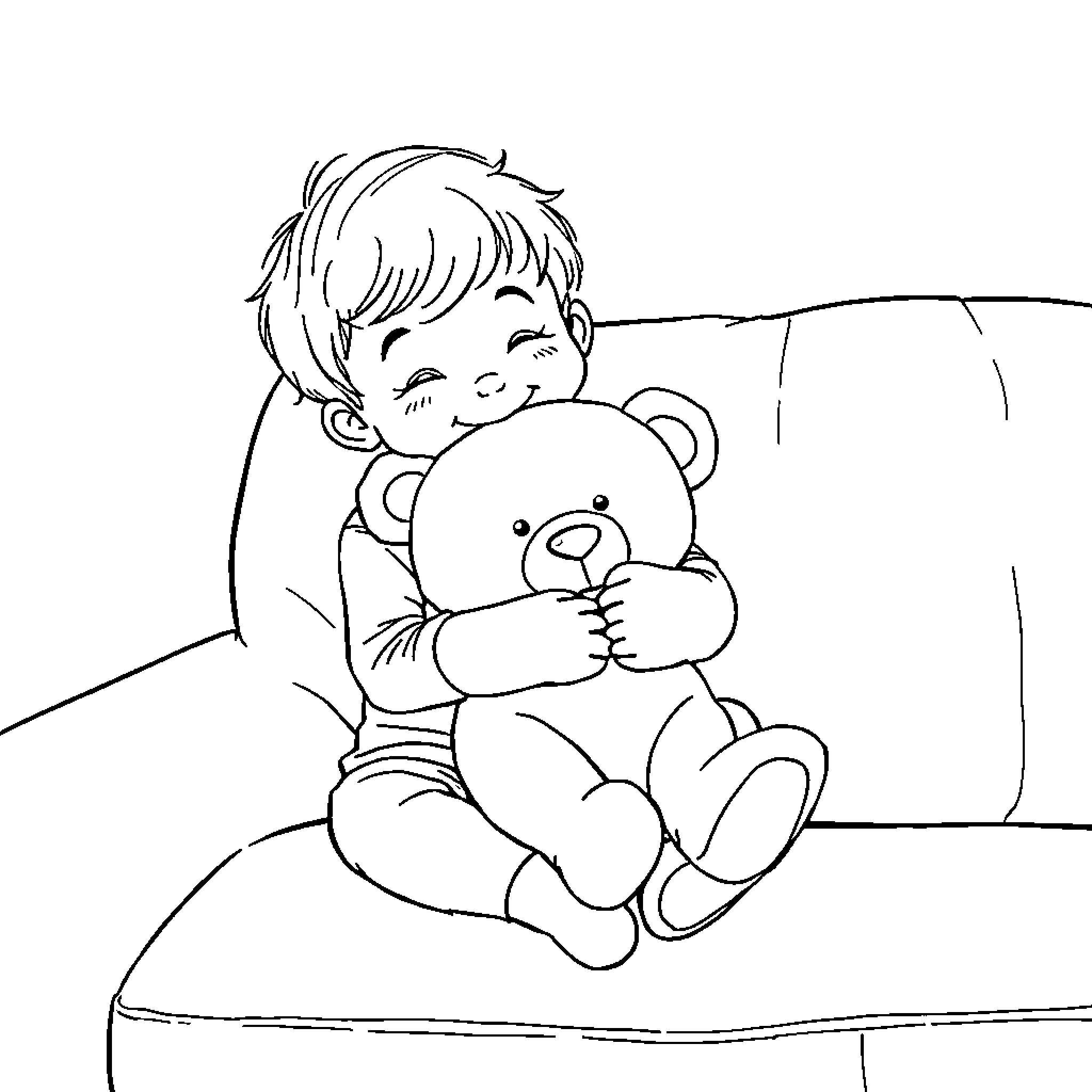 Child cuddling teddy bear on couch Coloring Page (free black-and-white line drawing printable PDF for all, from beginners to advanced learners, including children, teens, adults, and seniors)