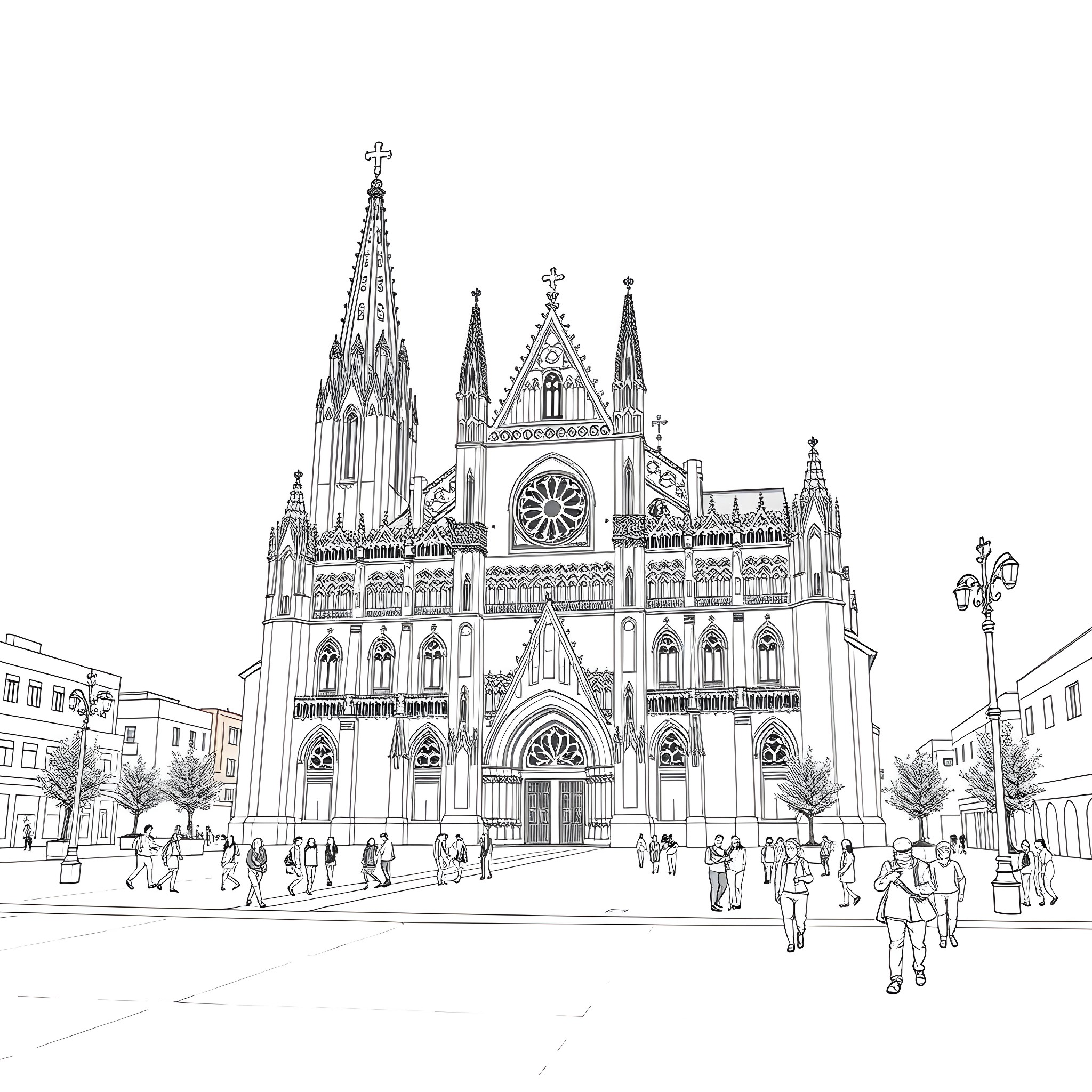 Cathedral with ornate architecture and bustling crowd Coloring Page (free black-and-white line drawing printable PDF for all, from beginners to advanced learners, including children, teens, adults, and seniors)