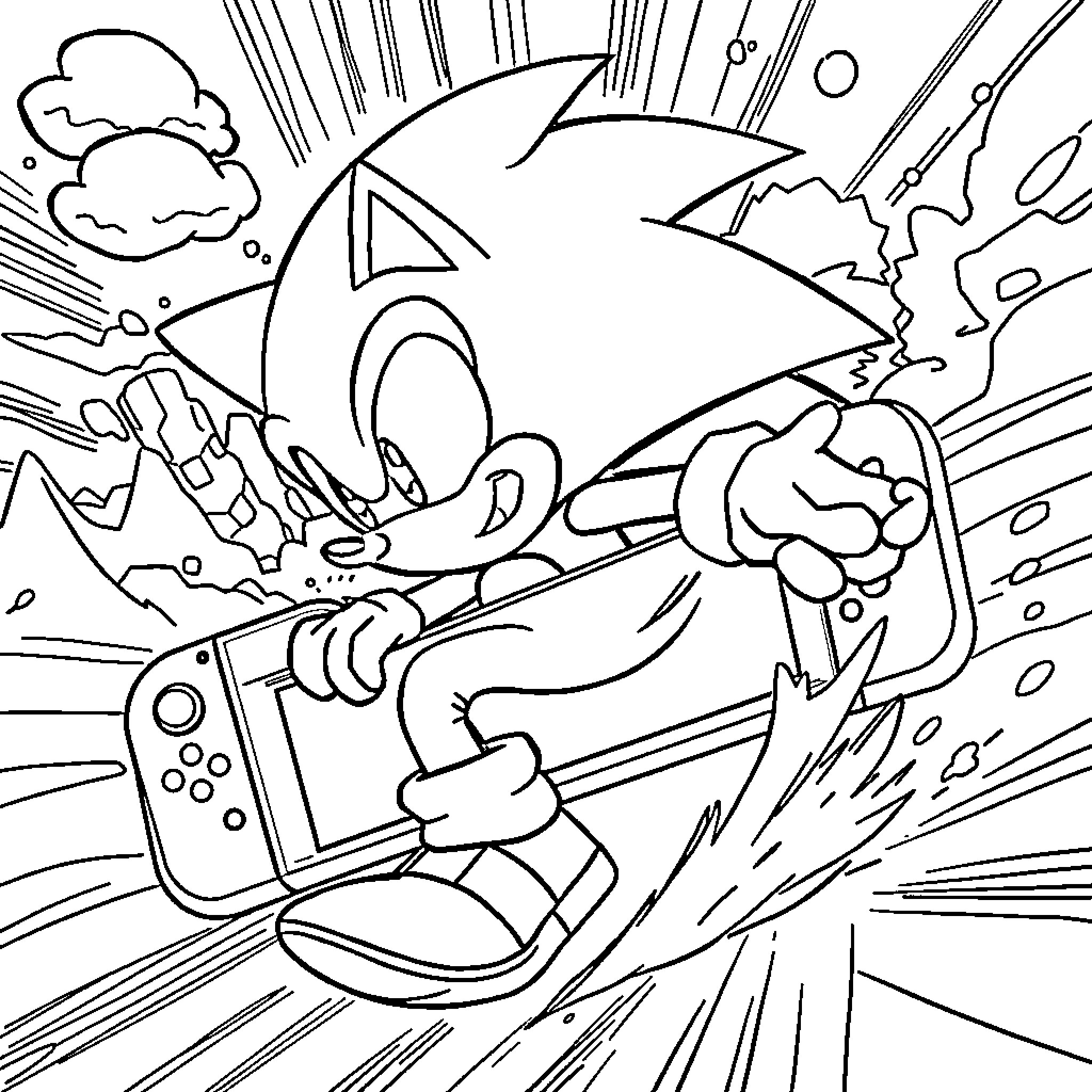 Sonic racing through an action-packed scene Coloring Page (free black-and-white line drawing printable PDF for all, from beginners to advanced learners, including children, teens, adults, and seniors)