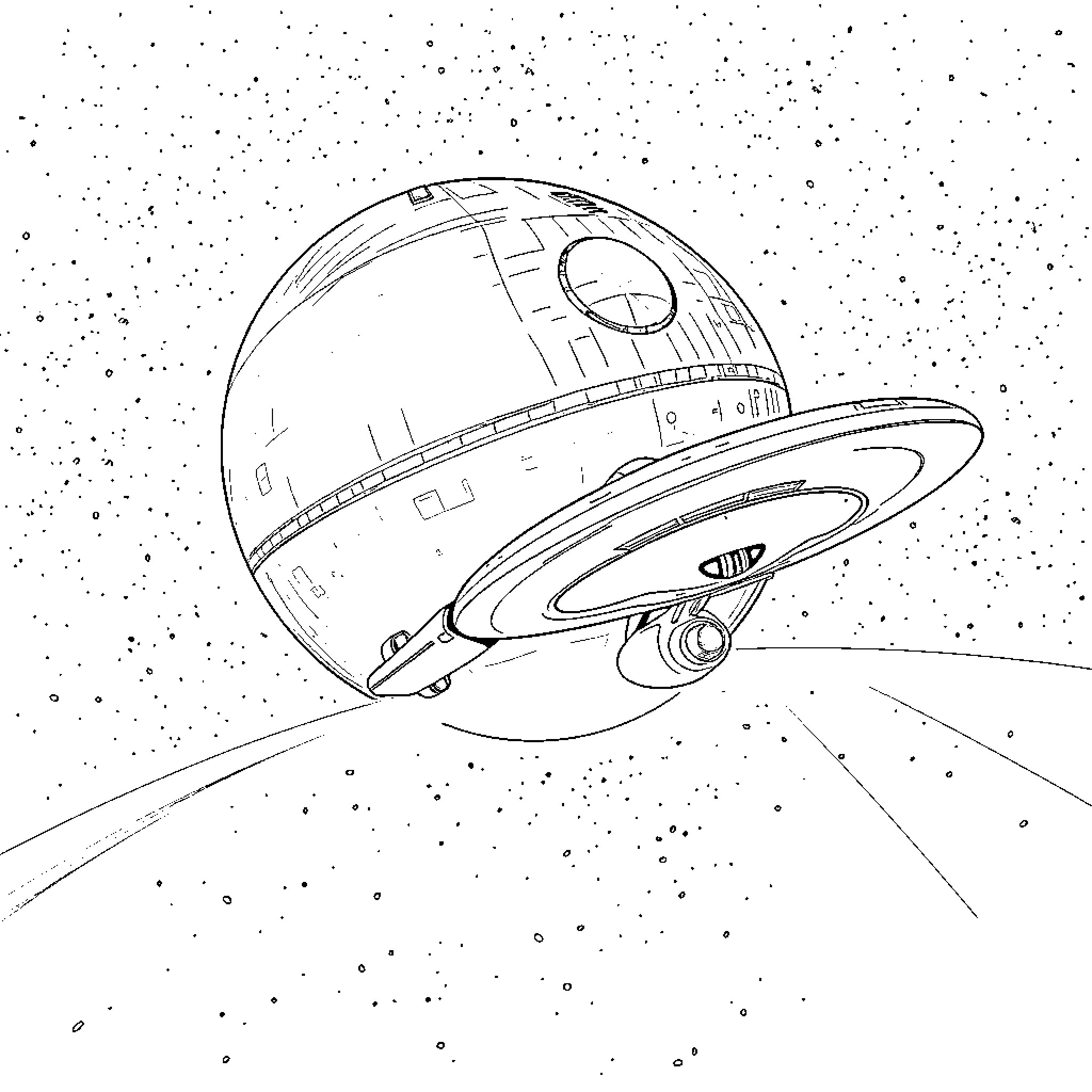 Spaceship flying through the stars Coloring Page (free black-and-white line drawing printable PDF for all, from beginners to advanced learners, including children, teens, adults, and seniors)