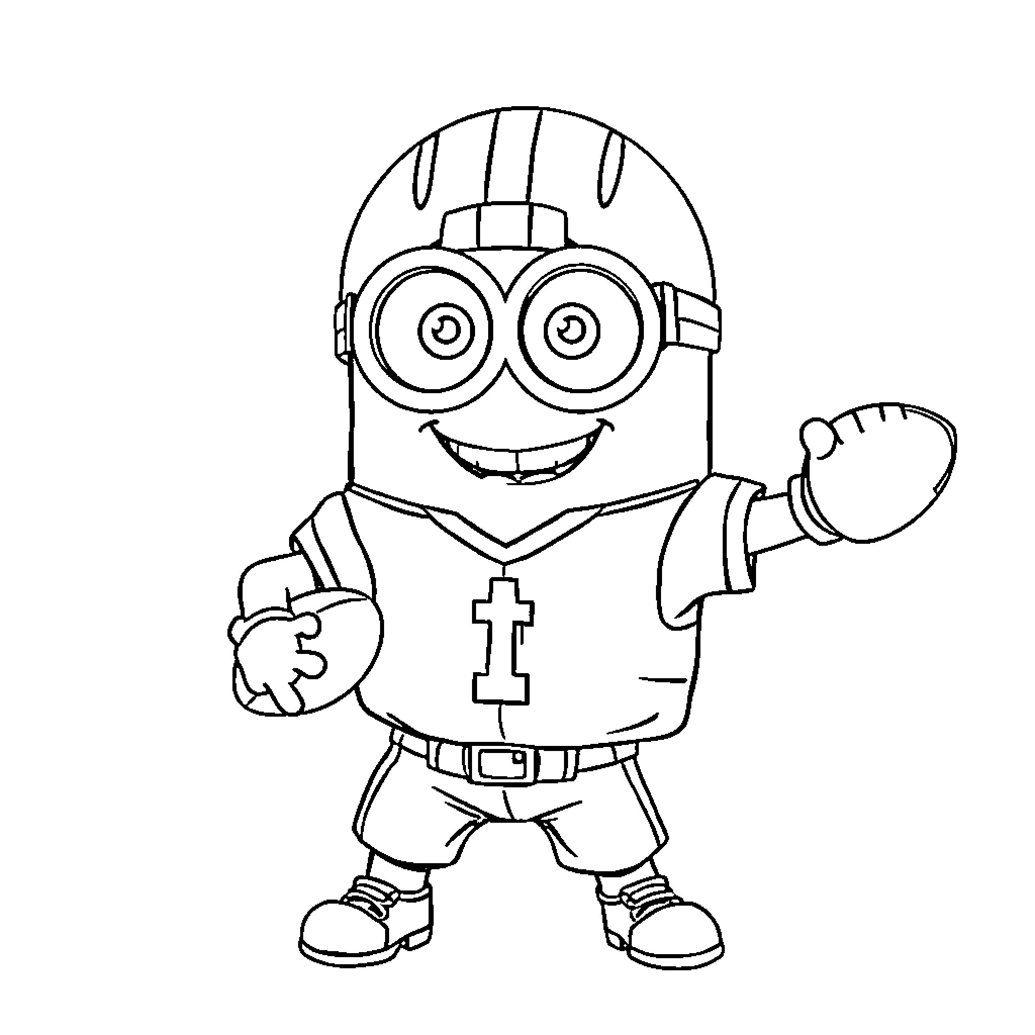 Minion construction worker happily waving Coloring Page (free black-and-white line drawing printable PDF for all, from beginners to advanced learners, including children, teens, adults, and seniors)