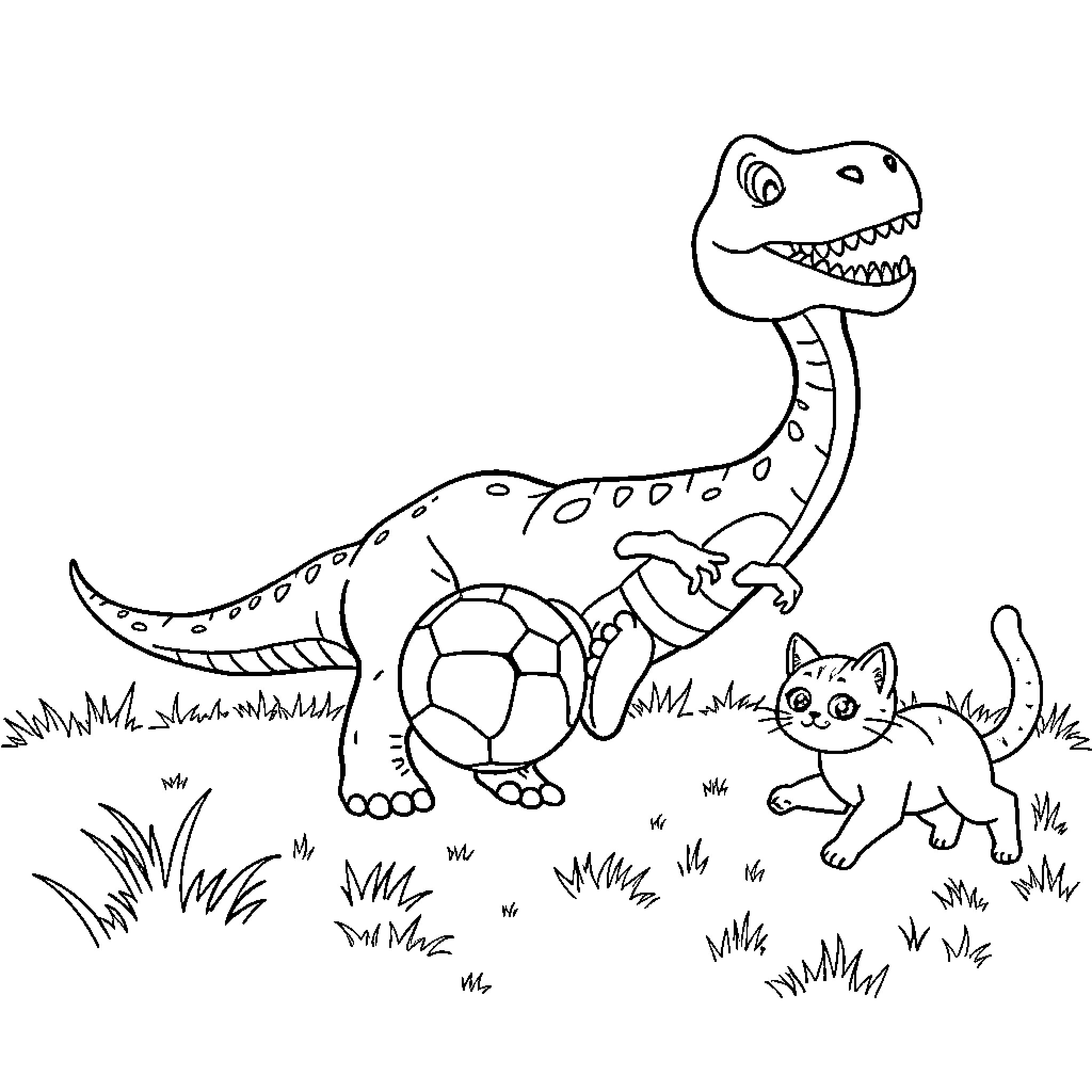 Dinosaur playing with soccer ball and cat Coloring Page (free black-and-white line drawing printable PDF for all, from beginners to advanced learners, including children, teens, adults, and seniors)