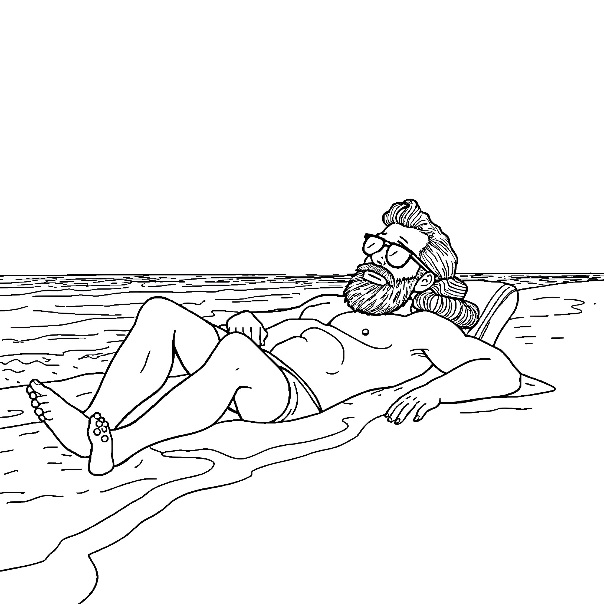 Post Malone relaxing on the beach Coloring Page (free black-and-white line drawing printable PDF for all, from beginners to advanced learners, including children, teens, adults, and seniors)