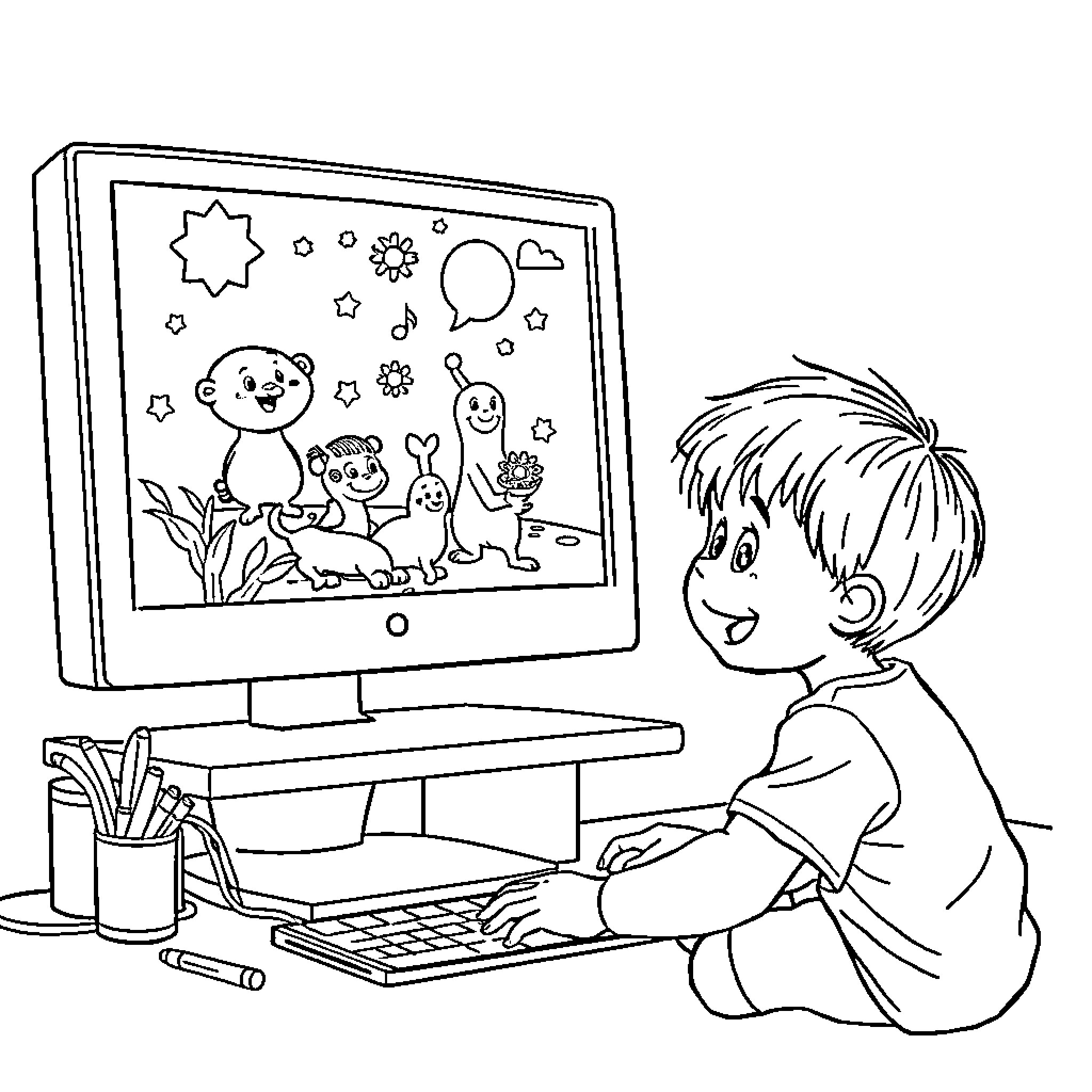 Computer Kid drawing playful cartoon characters Coloring Page (free black-and-white line drawing printable PDF for all, from beginners to advanced learners, including children, teens, adults, and seniors)