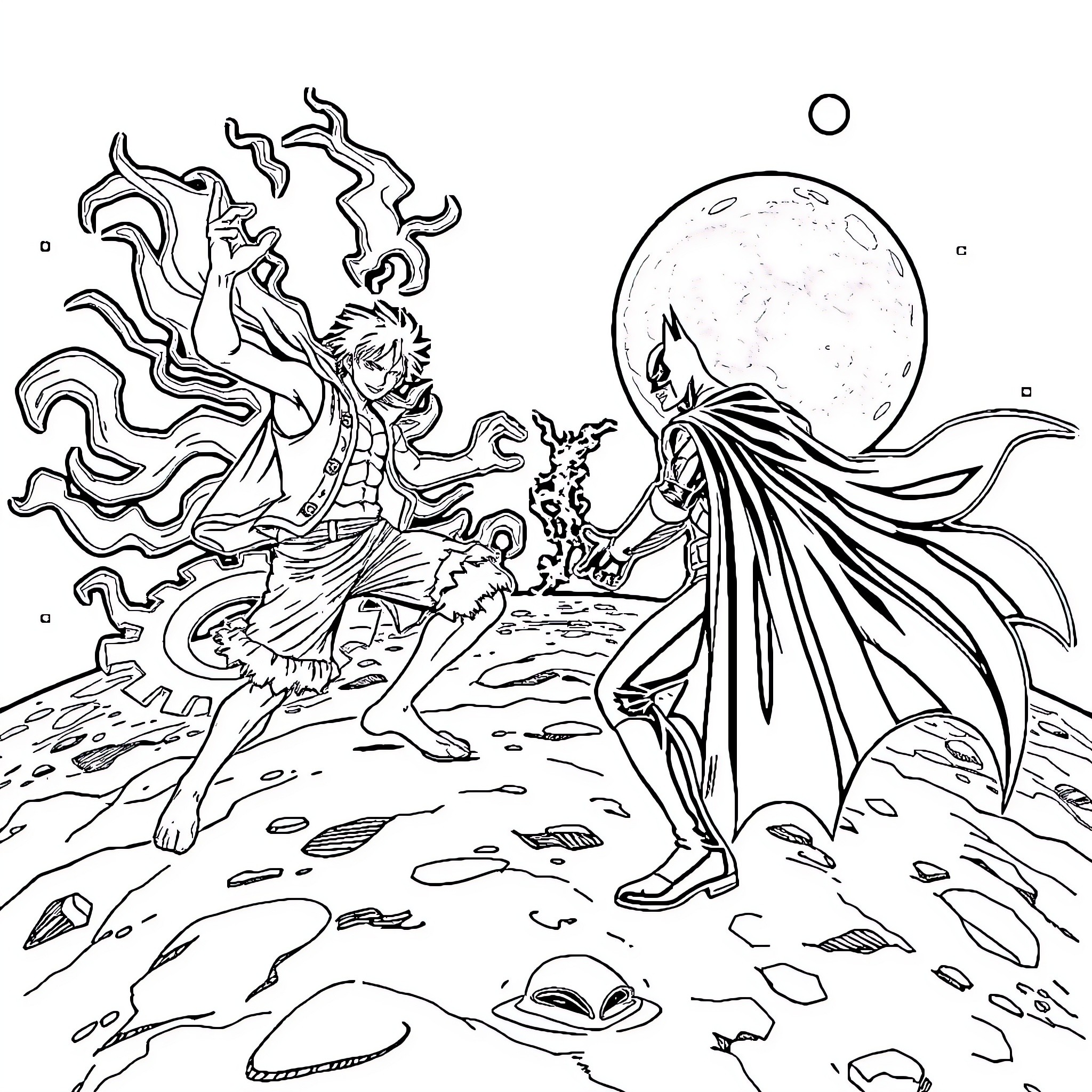 Luffy's Mystical Adventure in the Moonlit Landscape Coloring Page (free black-and-white line drawing printable PDF for all, from beginners to advanced learners, including children, teens, adults, and seniors)