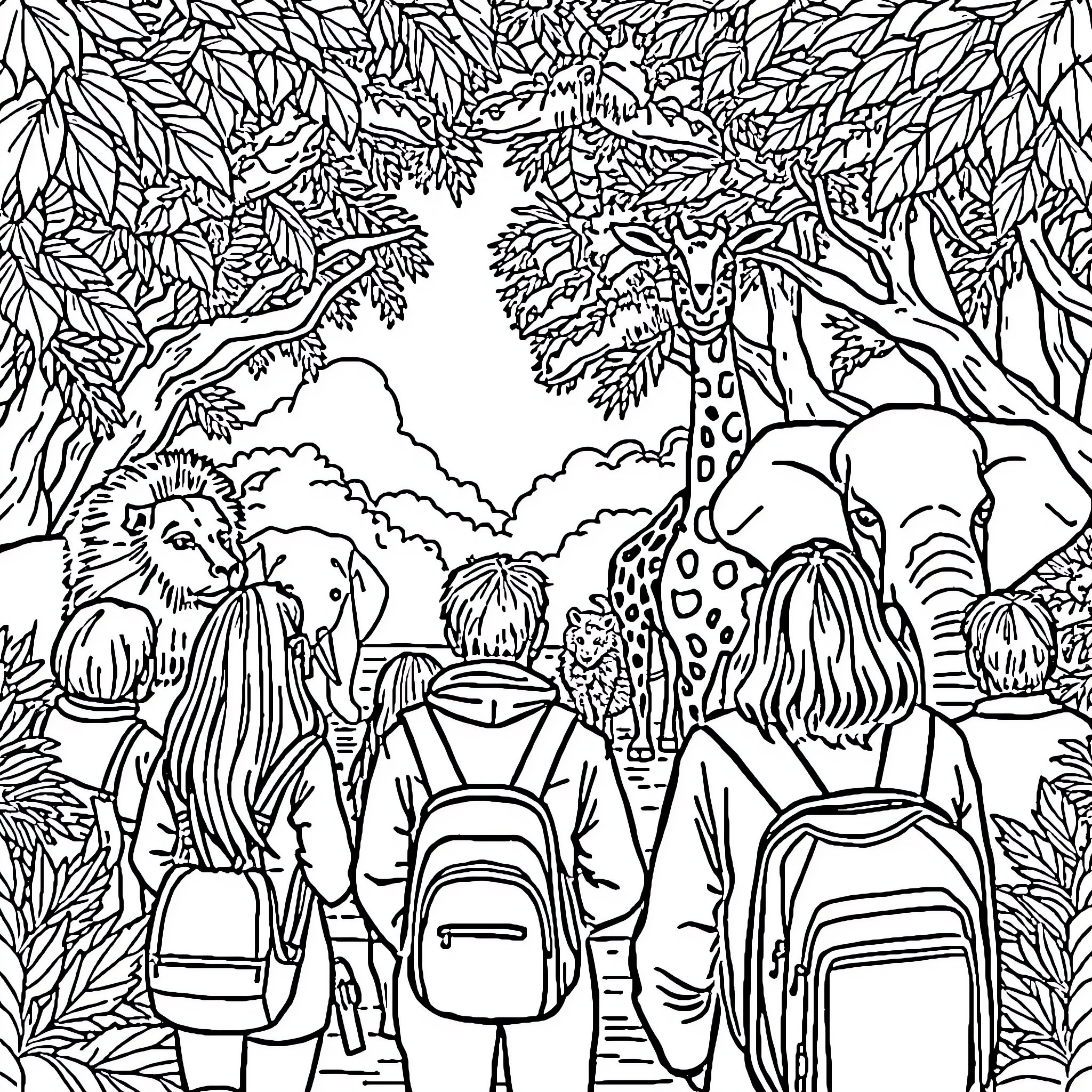Animal friends exploring the enchanted forest Coloring Page (free black-and-white line drawing printable PDF for all, from beginners to advanced learners, including children, teens, adults, and seniors)