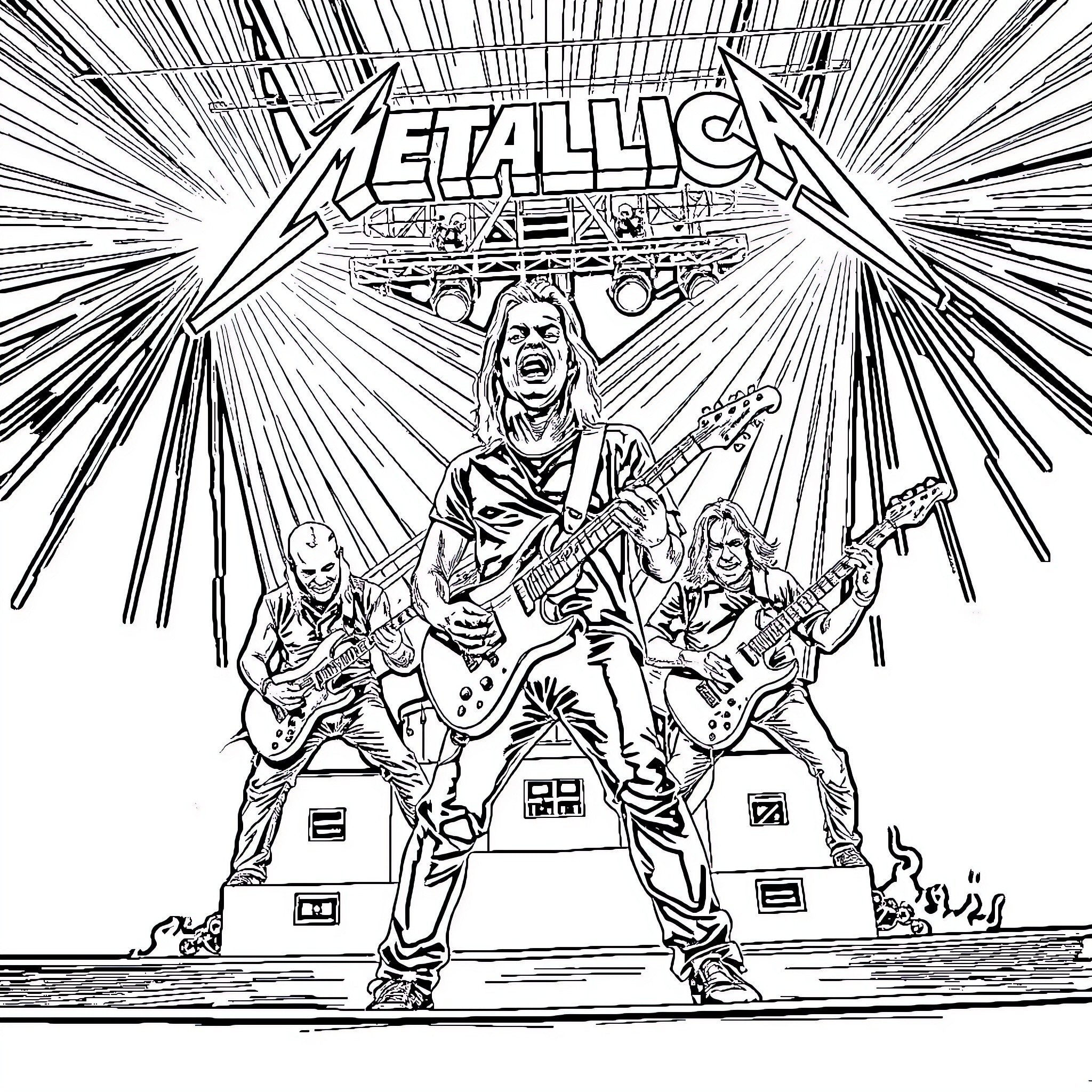Metallica Performing on Stage with Energy and Intensity Coloring Page (free black-and-white line drawing printable PDF for all, from beginners to advanced learners, including children, teens, adults, and seniors)