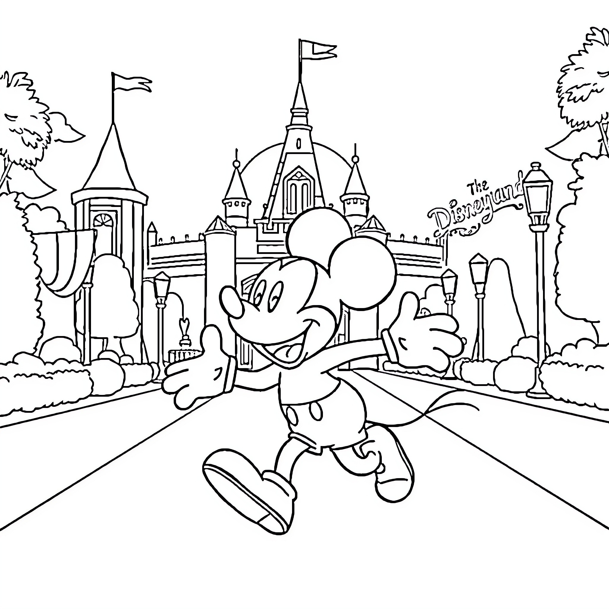 Mickey Mouse exploring the Disney castle Coloring Page (free black-and-white line drawing printable PDF for all, from beginners to advanced learners, including children, teens, adults, and seniors)