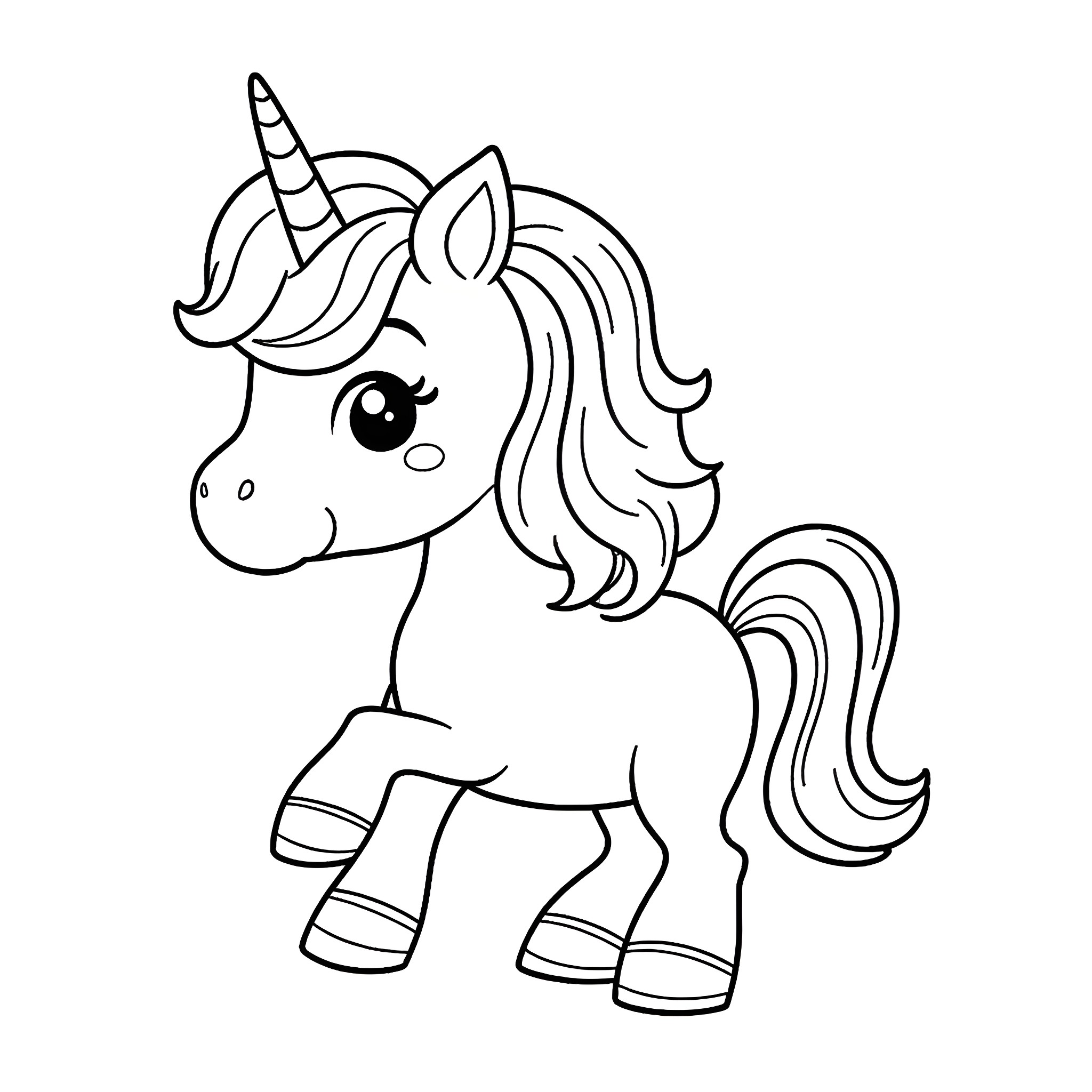 Unicorn with adorable expression and flowing mane Coloring Page (free black-and-white line drawing printable PDF for all, from beginners to advanced learners, including children, teens, adults, and seniors)