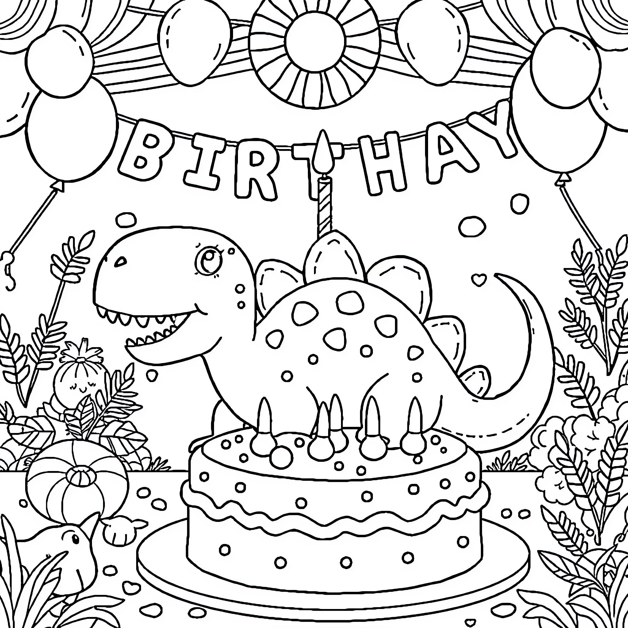 Baby Dinosaur Celebrates Birthday with Festive Decorations Coloring Page (free black-and-white line drawing printable PDF for all, from beginners to advanced learners, including children, teens, adults, and seniors)