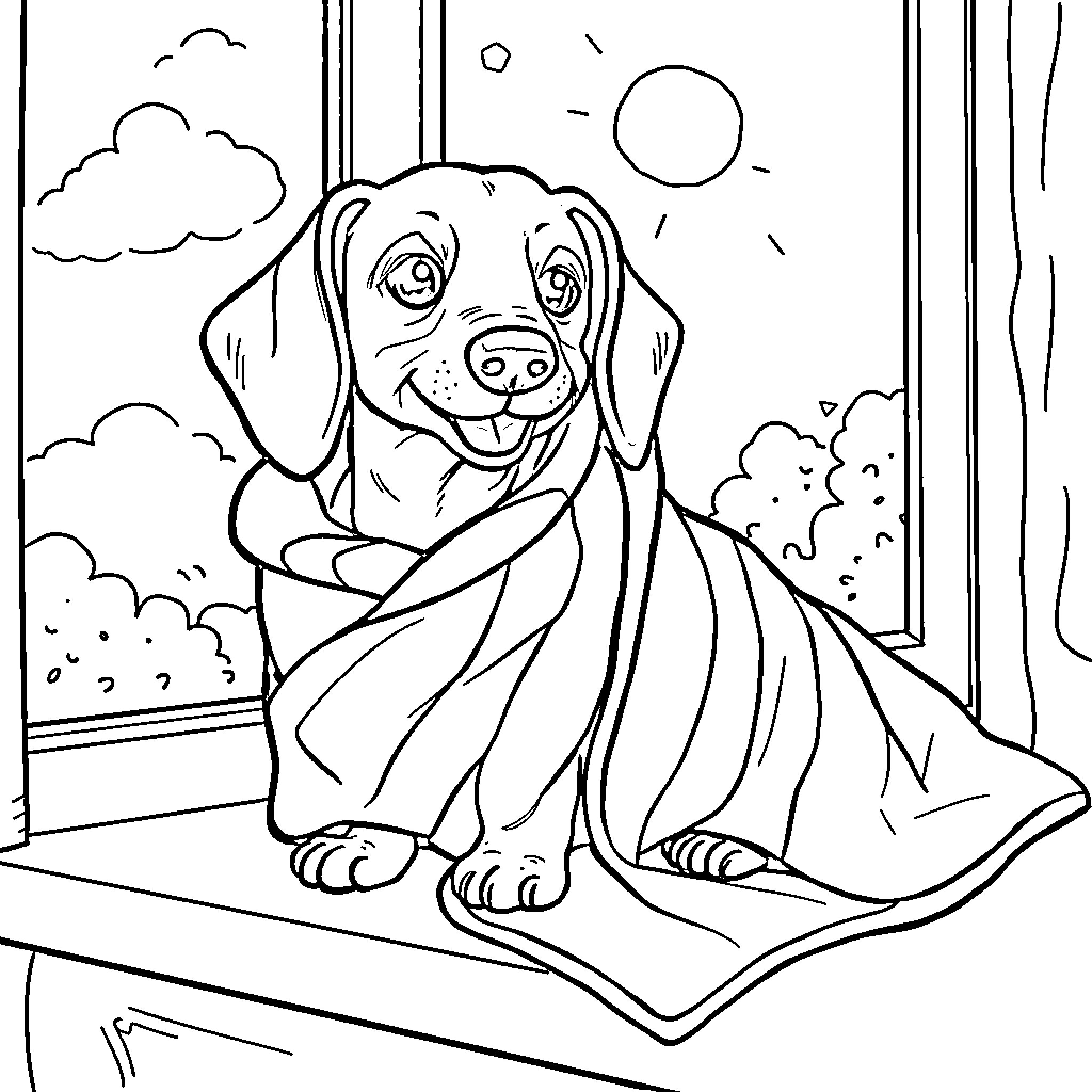 Dog relaxing happily on a cozy blanket Coloring Page (free black-and-white line drawing printable PDF for all, from beginners to advanced learners, including children, teens, adults, and seniors)