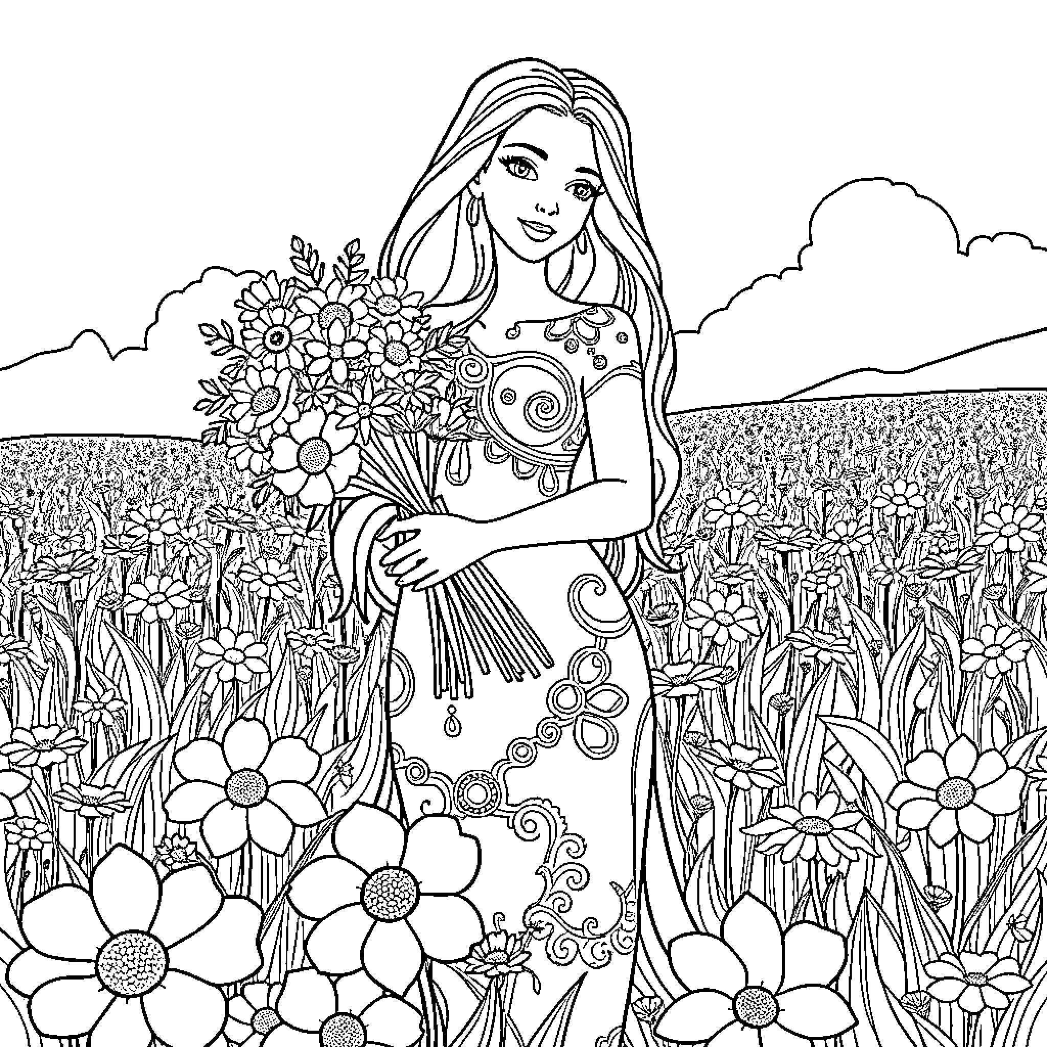 Gaea surrounded by vibrant blossoms in a lush meadow Coloring Page (free black-and-white line drawing printable PDF for all, from beginners to advanced learners, including children, teens, adults, and seniors)