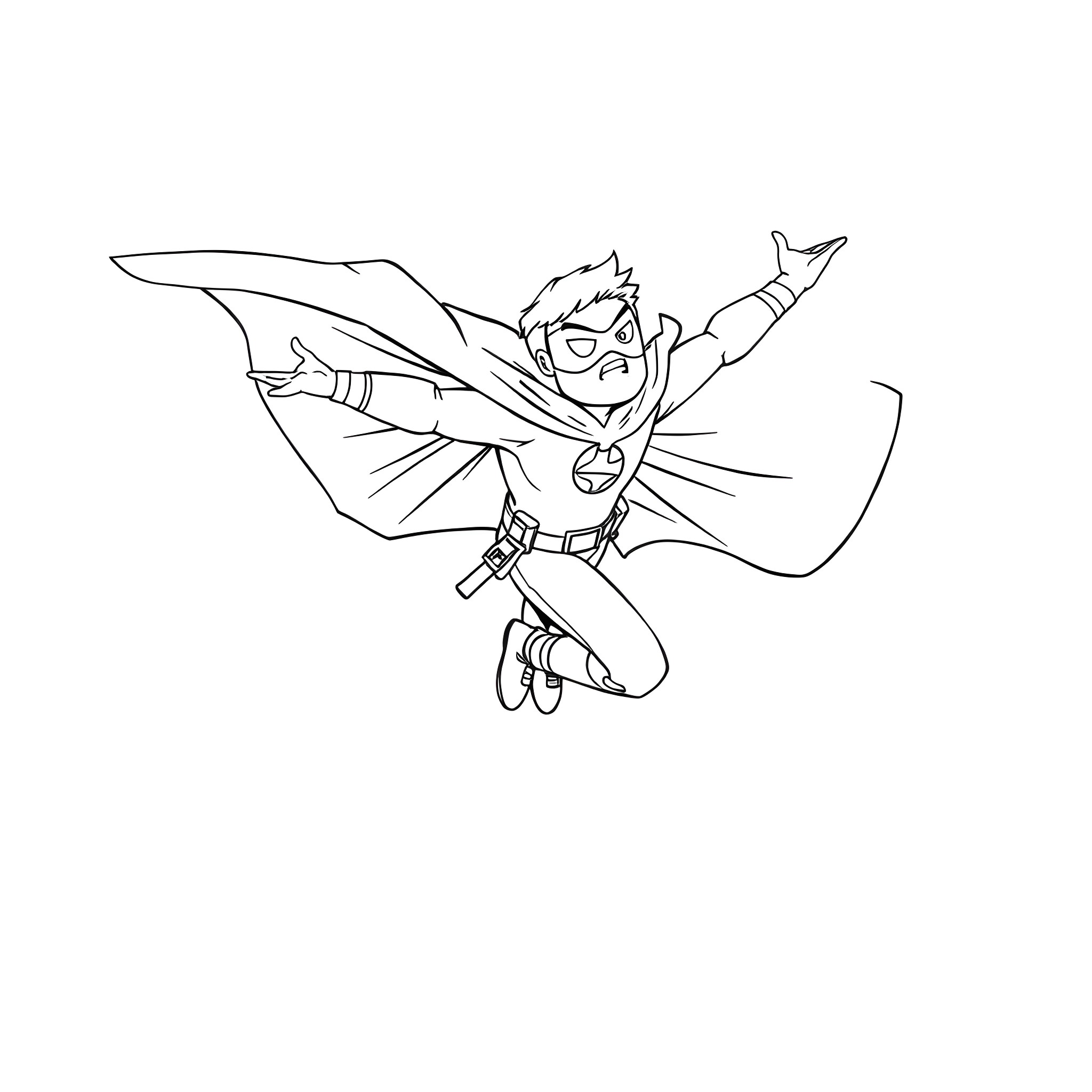 Superhero in action flight pose Coloring Page (free black-and-white line drawing printable PDF for all, from beginners to advanced learners, including children, teens, adults, and seniors)