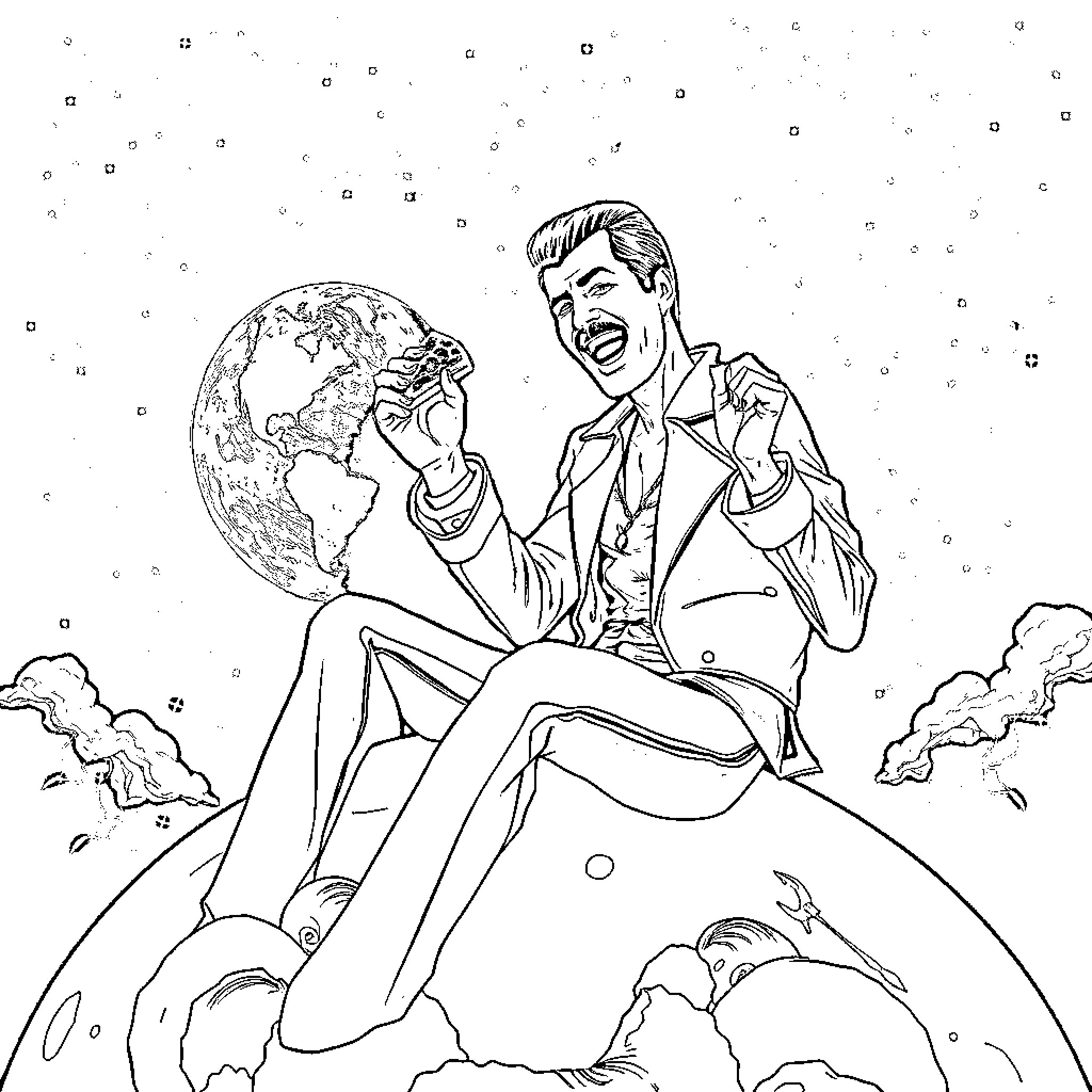 Freddie Mercury triumphantly holding the world Coloring Page (free black-and-white line drawing printable PDF for all, from beginners to advanced learners, including children, teens, adults, and seniors)