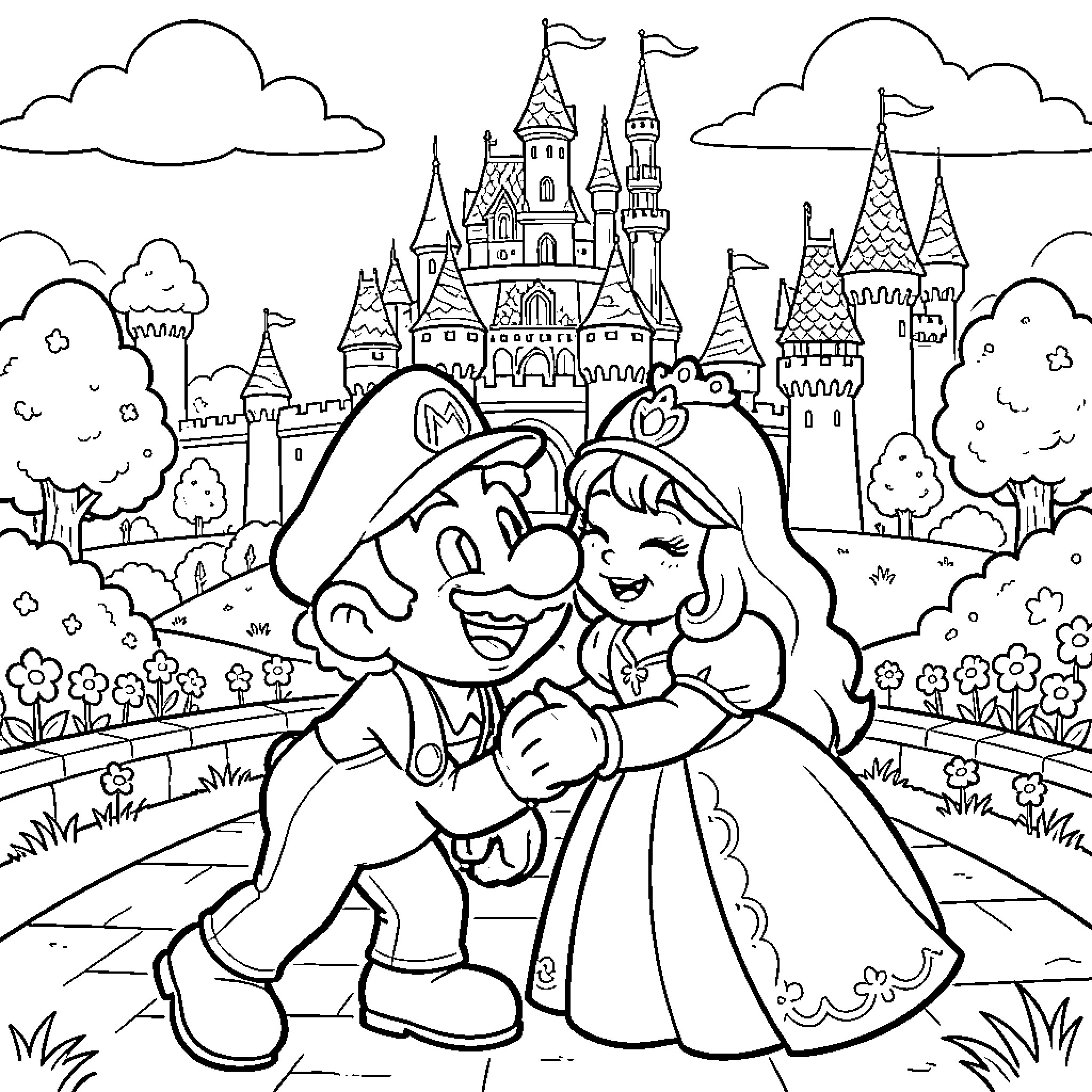 Super Mario and Princess Hugging in Enchanted Castle Coloring Page (free black-and-white line drawing printable PDF for all, from beginners to advanced learners, including children, teens, adults, and seniors)