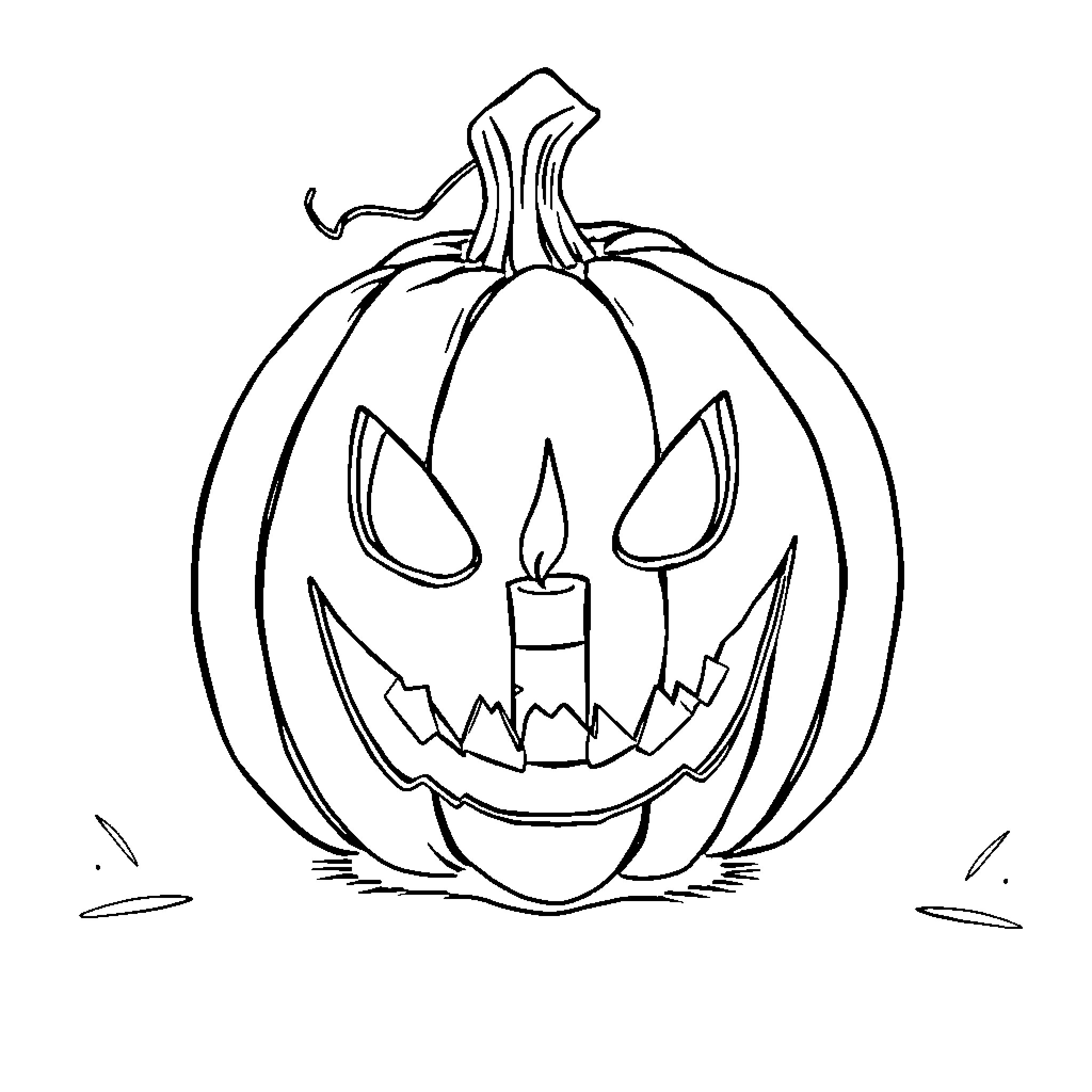 Pumpkin with menacing expression and lit candle Coloring Page (free black-and-white line drawing printable PDF for all, from beginners to advanced learners, including children, teens, adults, and seniors)
