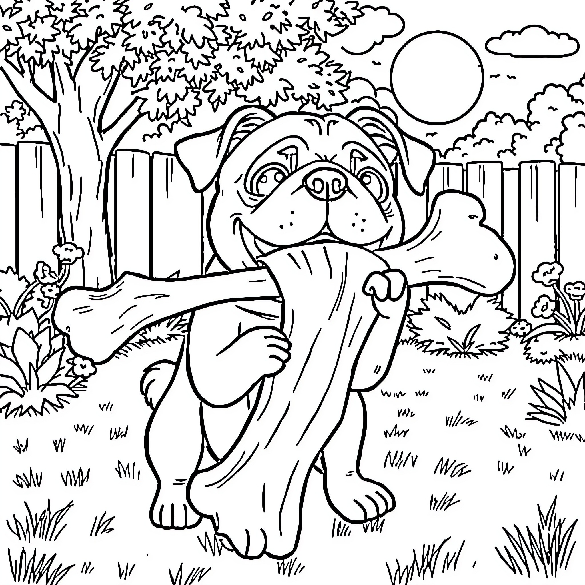 Pug enjoying the outdoors in a nature scene Coloring Page (free black-and-white line drawing printable PDF for all, from beginners to advanced learners, including children, teens, adults, and seniors)