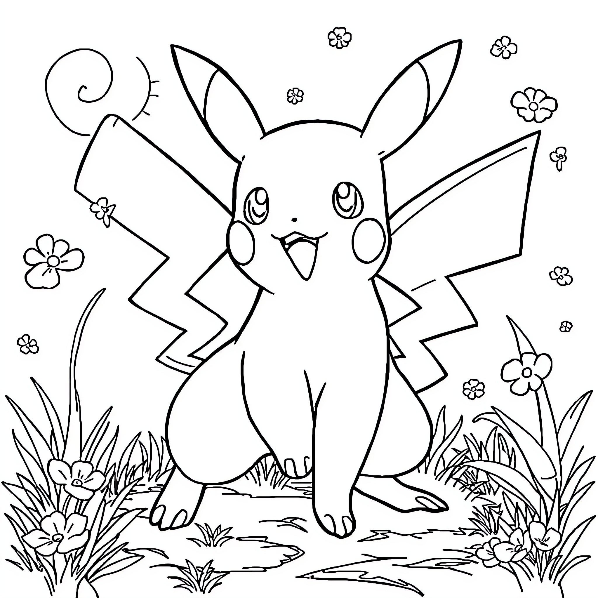 Pokémon Pikachu playing in a floral meadow Coloring Page (free black-and-white line drawing printable PDF for all, from beginners to advanced learners, including children, teens, adults, and seniors)
