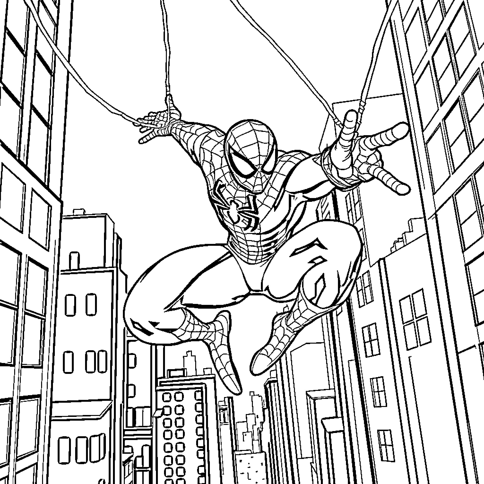 Spider-Man swinging through the city skyline Coloring Page (free black-and-white line drawing printable PDF for all, from beginners to advanced learners, including children, teens, adults, and seniors)