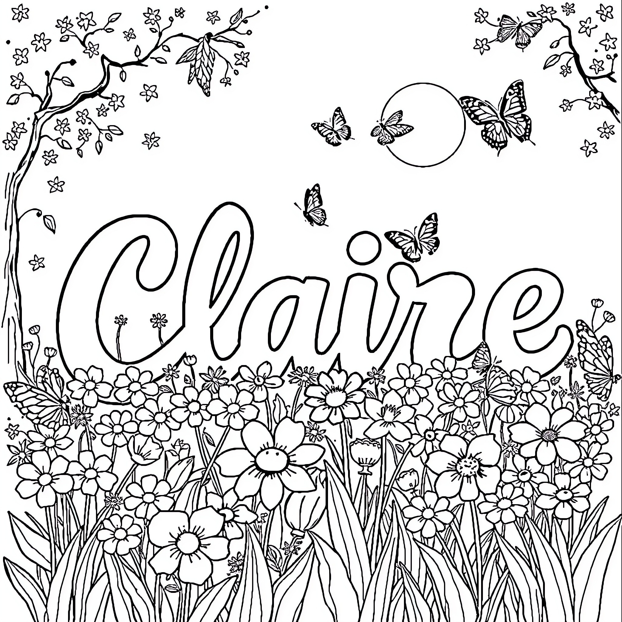 Claire's Whimsical Floral Playground Coloring Page (free black-and-white line drawing printable PDF for all, from beginners to advanced learners, including children, teens, adults, and seniors)