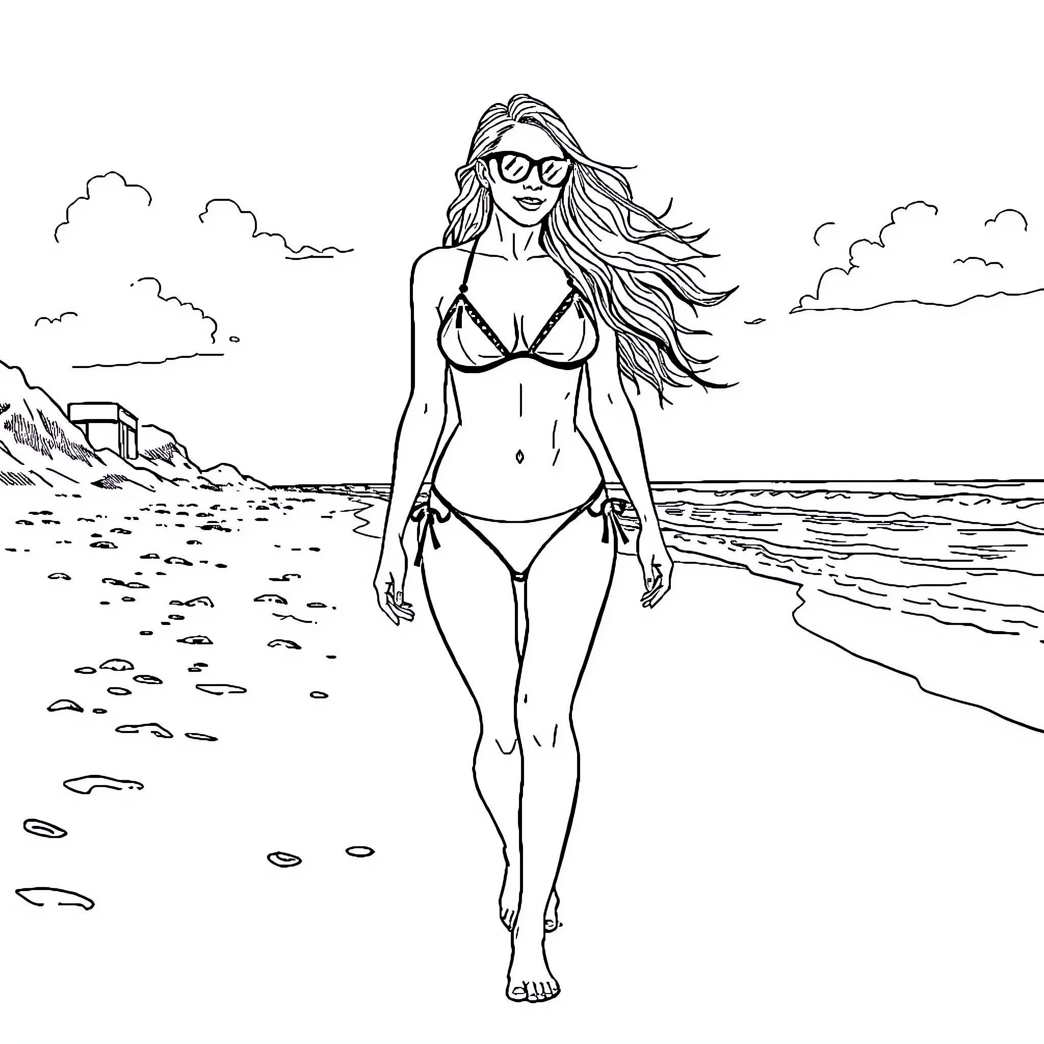 Jessica Biel Strolling on the Beach in Swimwear Coloring Page (free black-and-white line drawing printable PDF for all, from beginners to advanced learners, including children, teens, adults, and seniors)