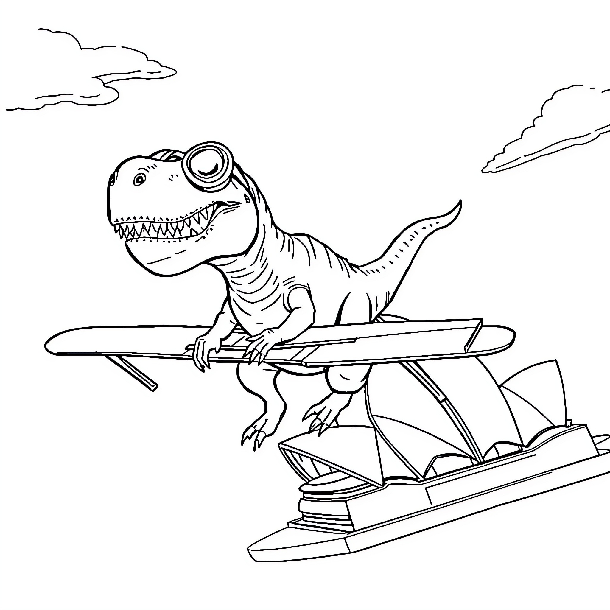 T-Rex riding hoverboard over books Coloring Page (free black-and-white line drawing printable PDF for all, from beginners to advanced learners, including children, teens, adults, and seniors)