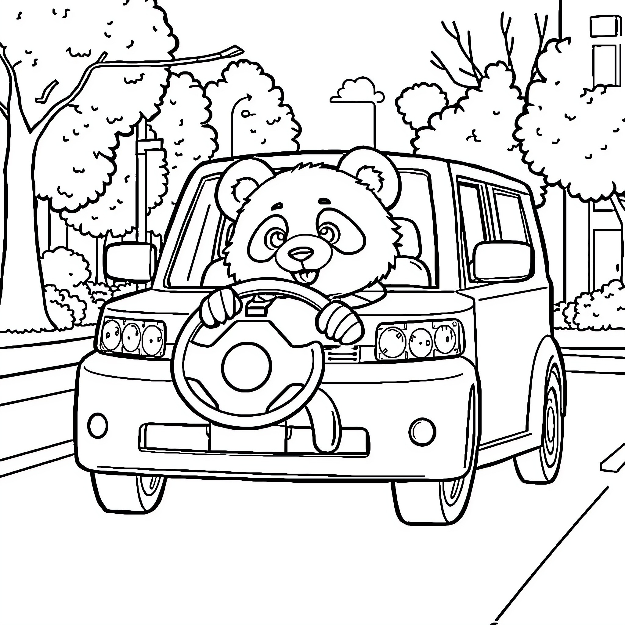 Panda driving happily in a car on the street Coloring Page (free black-and-white line drawing printable PDF for all, from beginners to advanced learners, including children, teens, adults, and seniors)