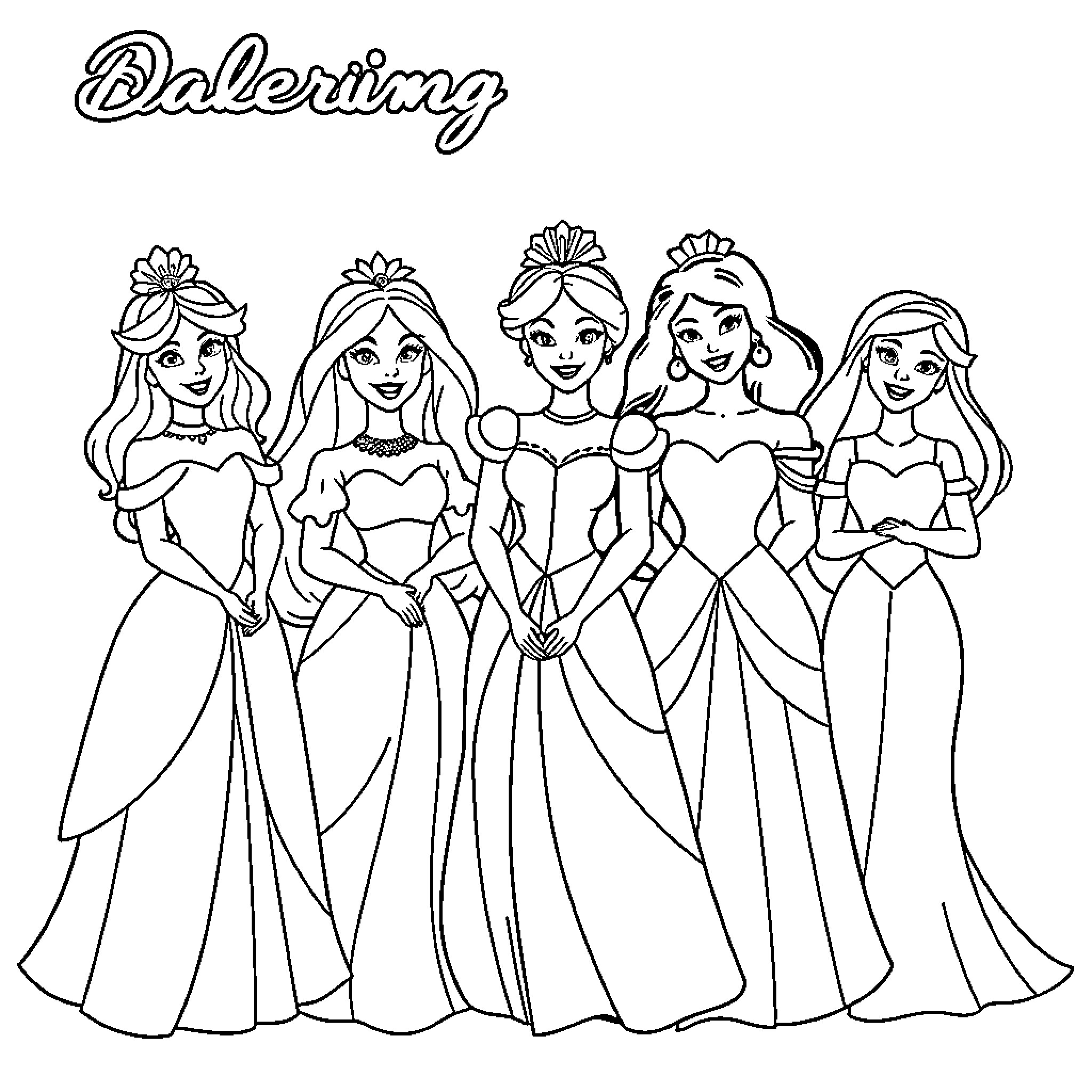 Disney Princess Ballerinas in Beautiful Dresses Coloring Page (free black-and-white line drawing printable PDF for all, from beginners to advanced learners, including children, teens, adults, and seniors)