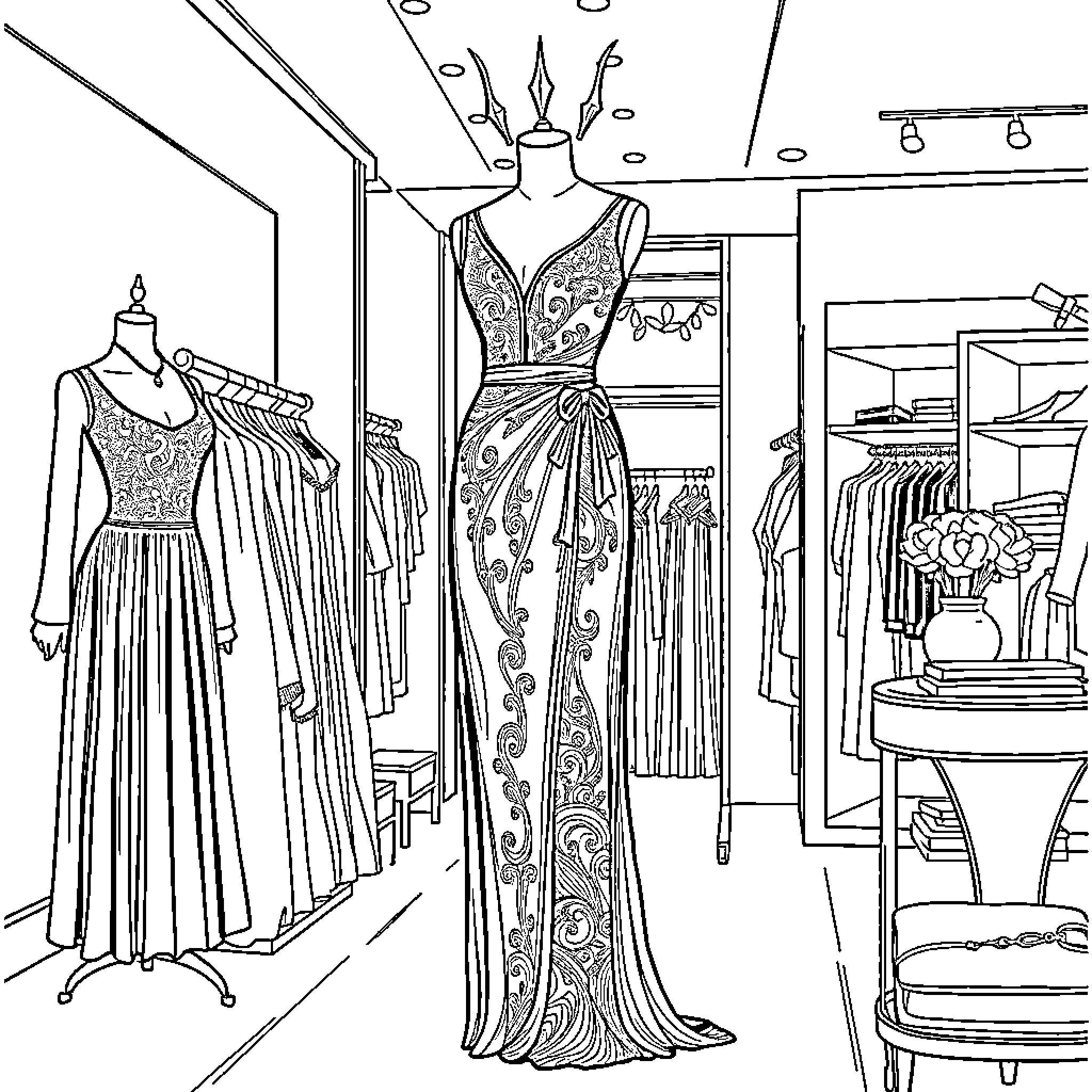 Mannequin showcasing elegant evening gowns in fashion boutique Coloring Page (free black-and-white line drawing printable PDF for all, from beginners to advanced learners, including children, teens, adults, and seniors)