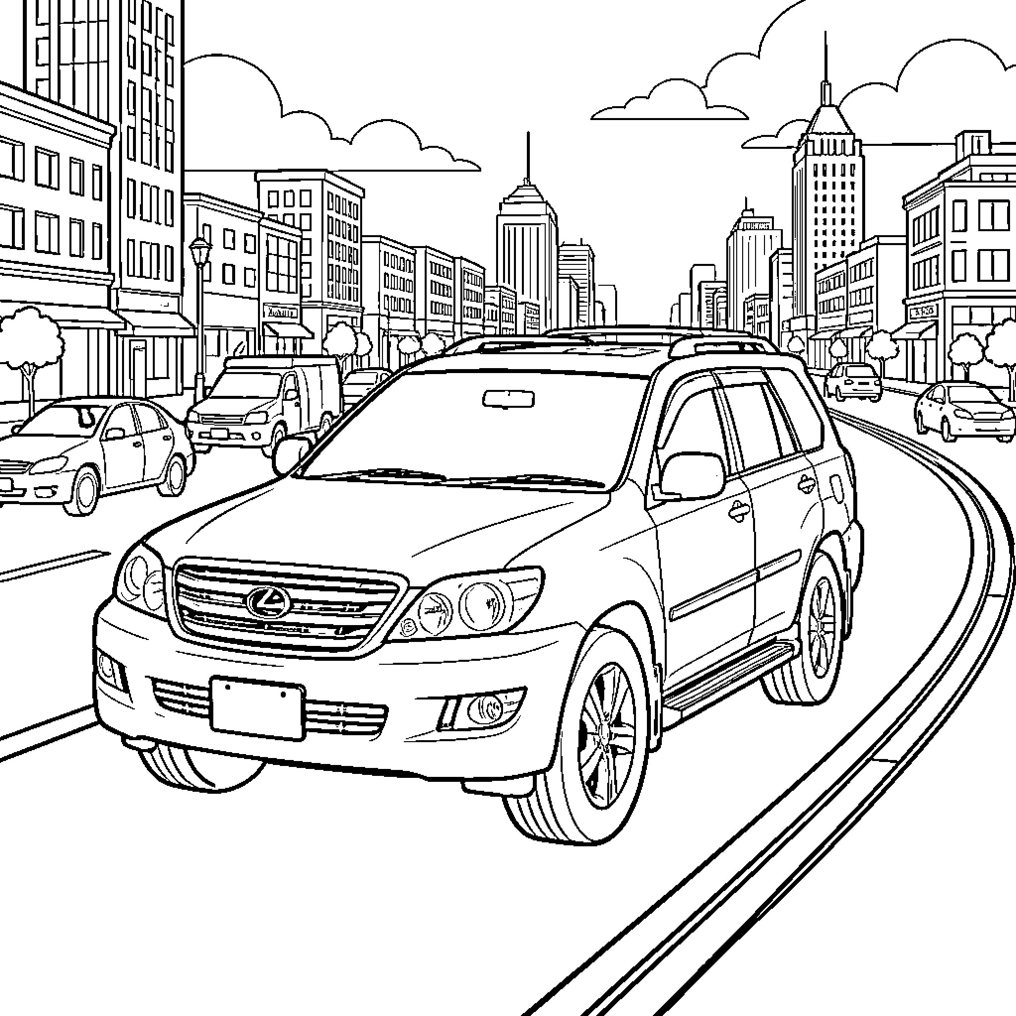 Lexus driving through a busy city street Coloring Page (free black-and-white line drawing printable PDF for all, from beginners to advanced learners, including children, teens, adults, and seniors)