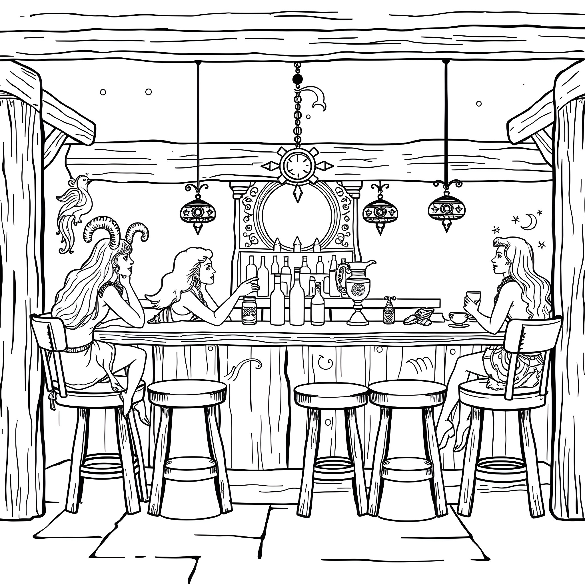 Astrology Sign Women Enjoying Drinks at the Bar Coloring Page (free black-and-white line drawing printable PDF for all, from beginners to advanced learners, including children, teens, adults, and seniors)
