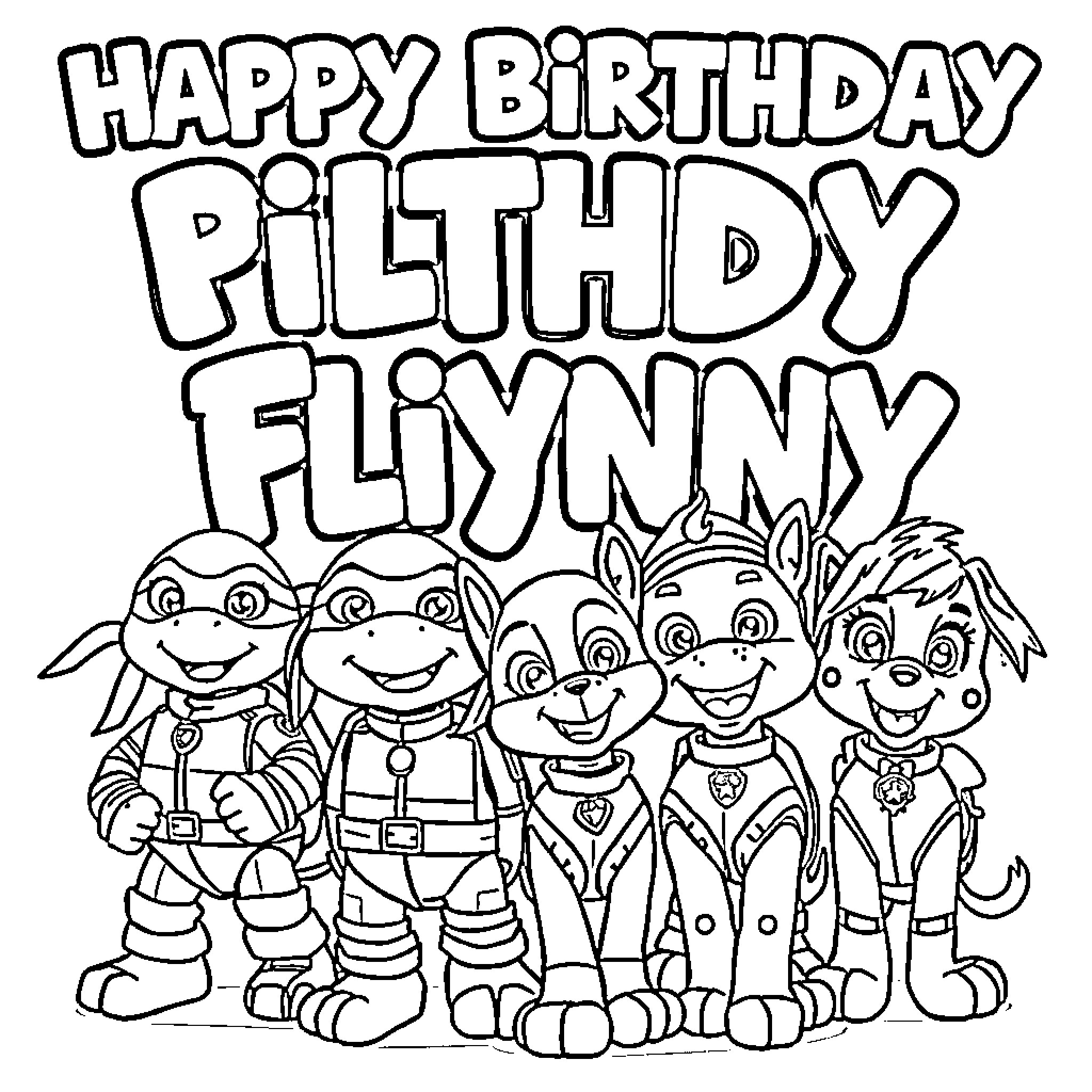 Ninja Turtle characters celebrate birthday together Coloring Page (free black-and-white line drawing printable PDF for all, from beginners to advanced learners, including children, teens, adults, and seniors)