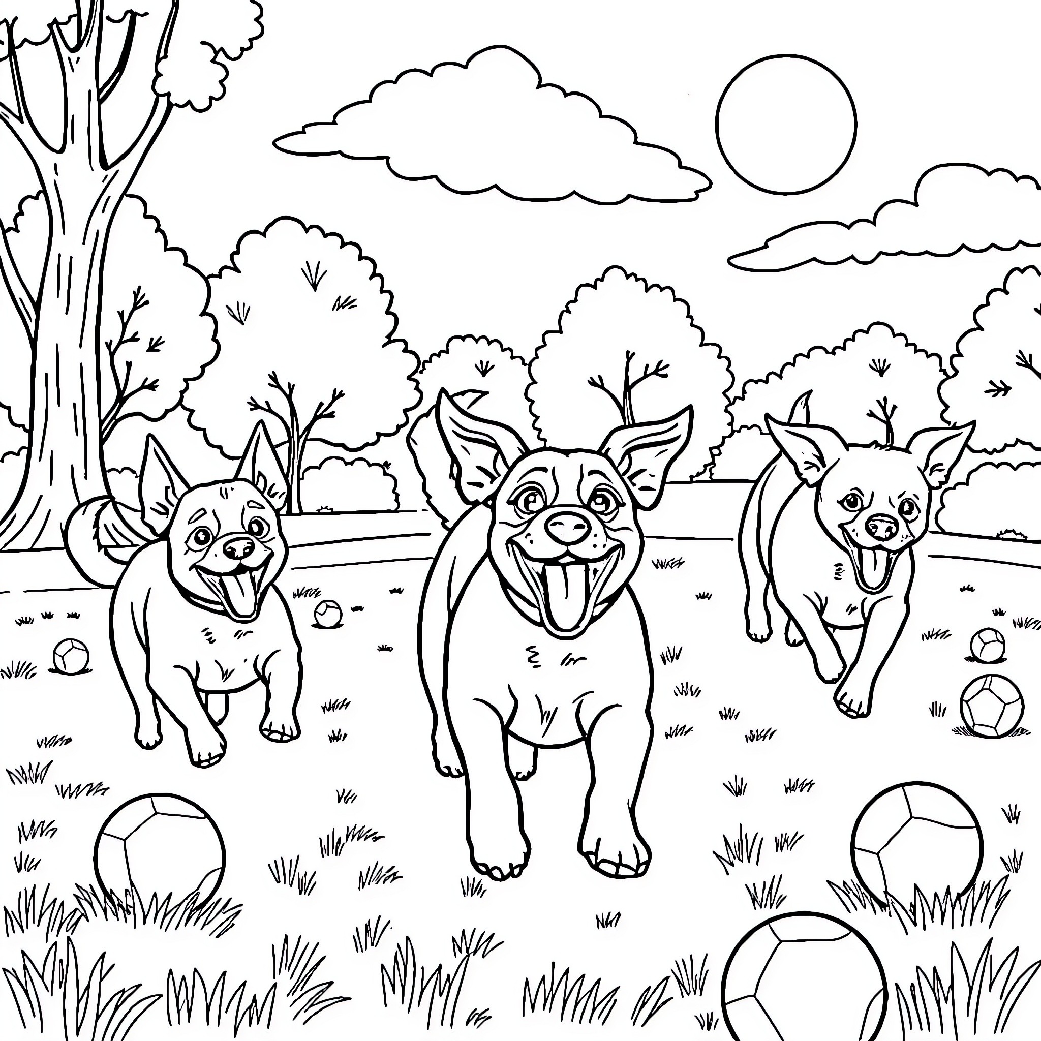 Dogs playing happily in the park Coloring Page (free black-and-white line drawing printable PDF for all, from beginners to advanced learners, including children, teens, adults, and seniors)