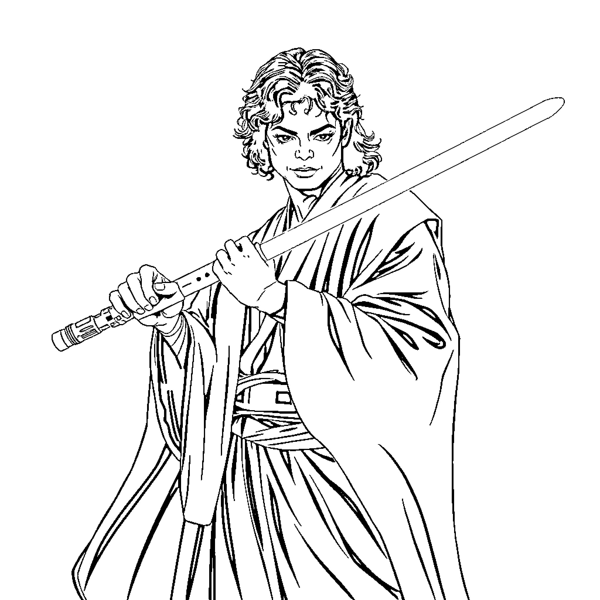 Michael Jackson as a Jedi Knight Coloring Page (free black-and-white line drawing printable PDF for all, from beginners to advanced learners, including children, teens, adults, and seniors)