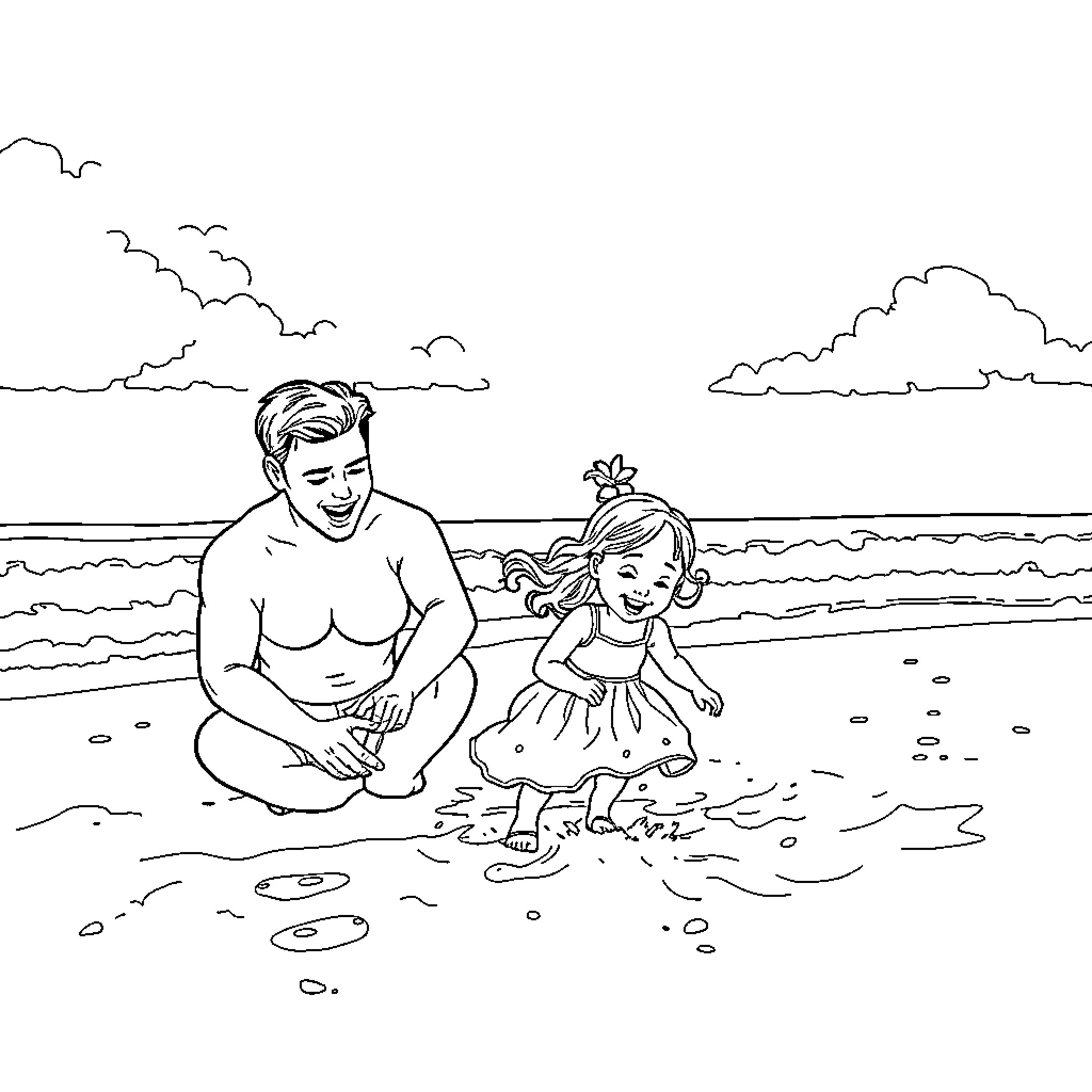Family enjoying time at the beach Coloring Page (free black-and-white line drawing printable PDF for all, from beginners to advanced learners, including children, teens, adults, and seniors)