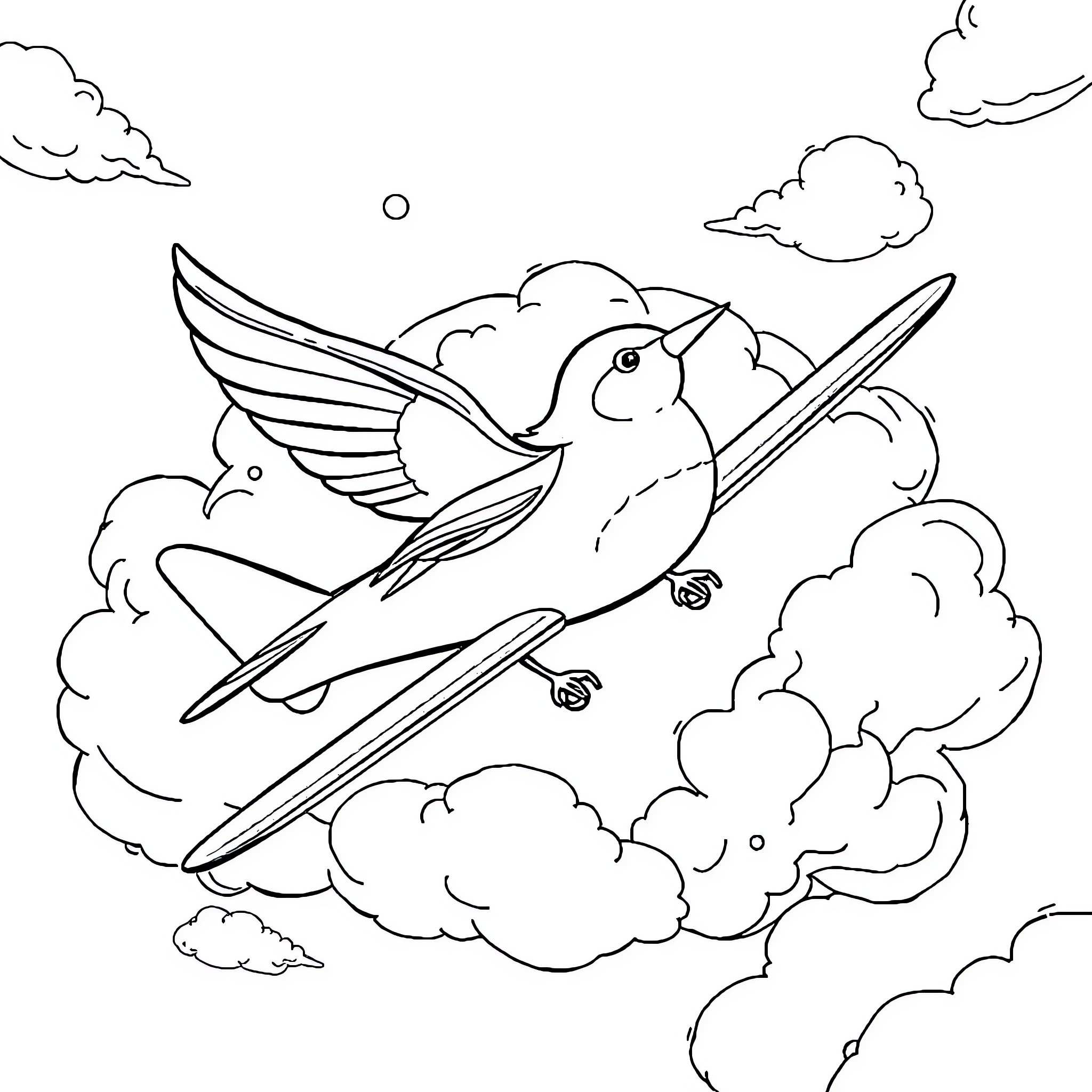 Robin soaring through the clouds Coloring Page (free black-and-white line drawing printable PDF for all, from beginners to advanced learners, including children, teens, adults, and seniors)