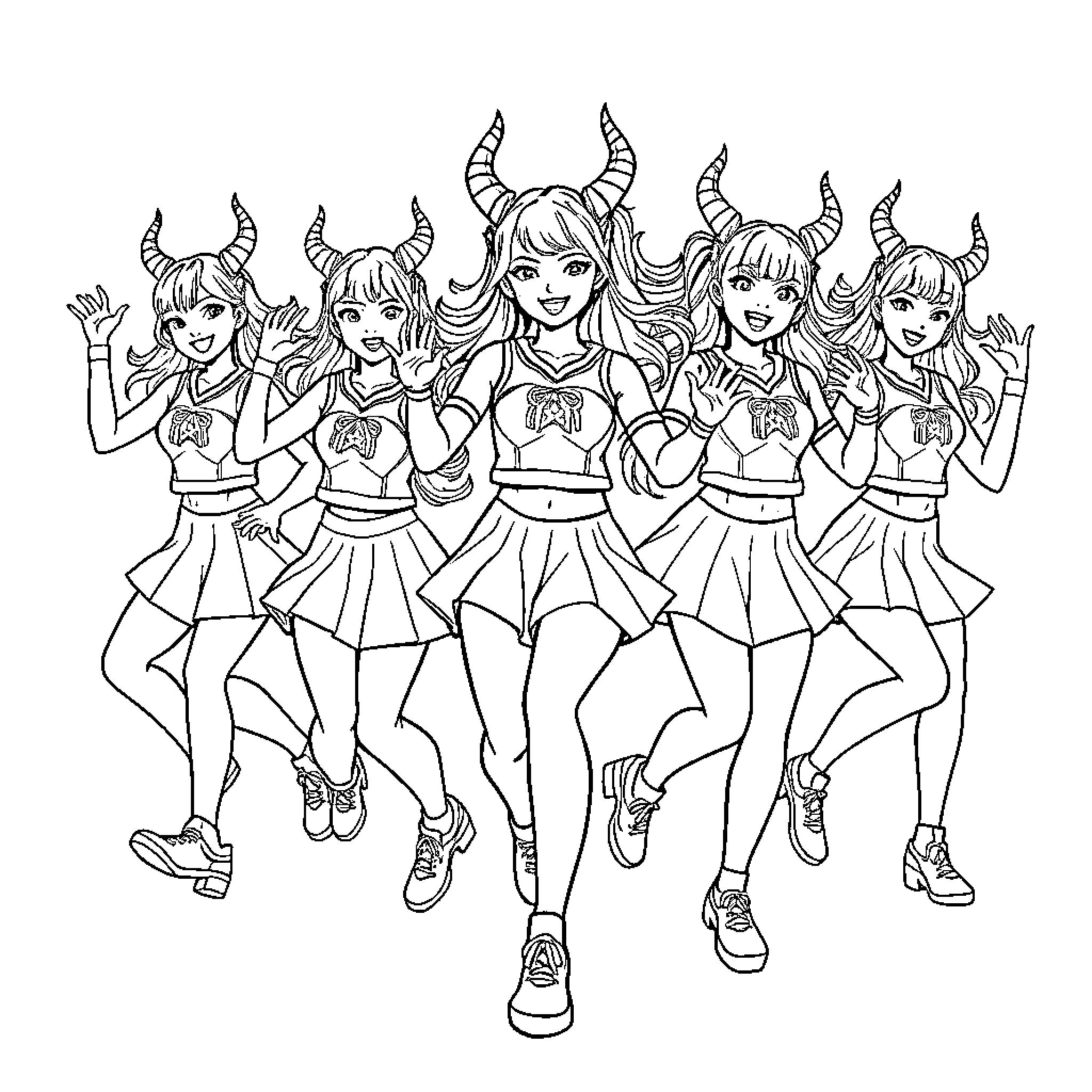 Demon Hunter Squad in Action Poses Coloring Page (free black-and-white line drawing printable PDF for all, from beginners to advanced learners, including children, teens, adults, and seniors)