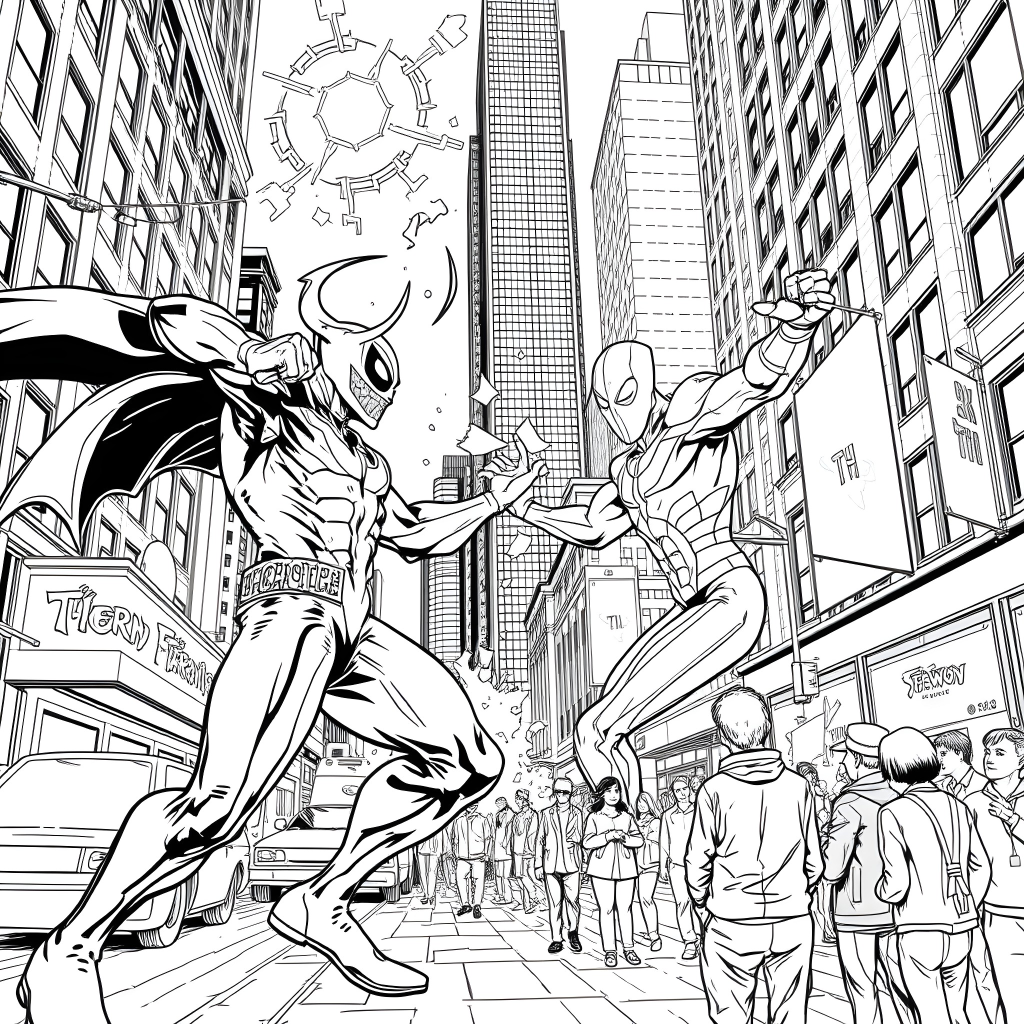 Spawn of Superheroes Battling in the City Coloring Page (free black-and-white line drawing printable PDF for all, from beginners to advanced learners, including children, teens, adults, and seniors)