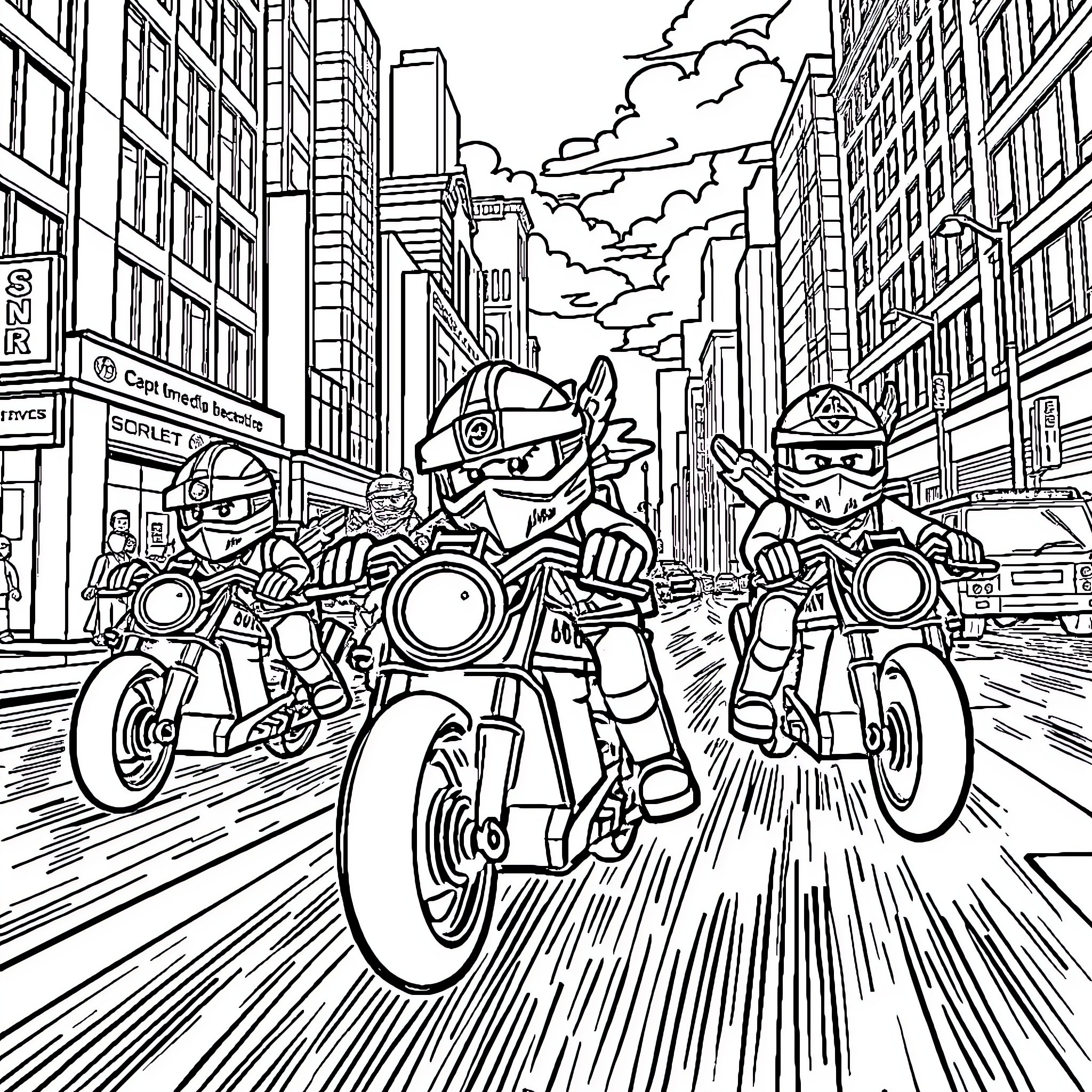 Ninjago heroes racing on motorcycles in the city Coloring Page (free black-and-white line drawing printable PDF for all, from beginners to advanced learners, including children, teens, adults, and seniors)