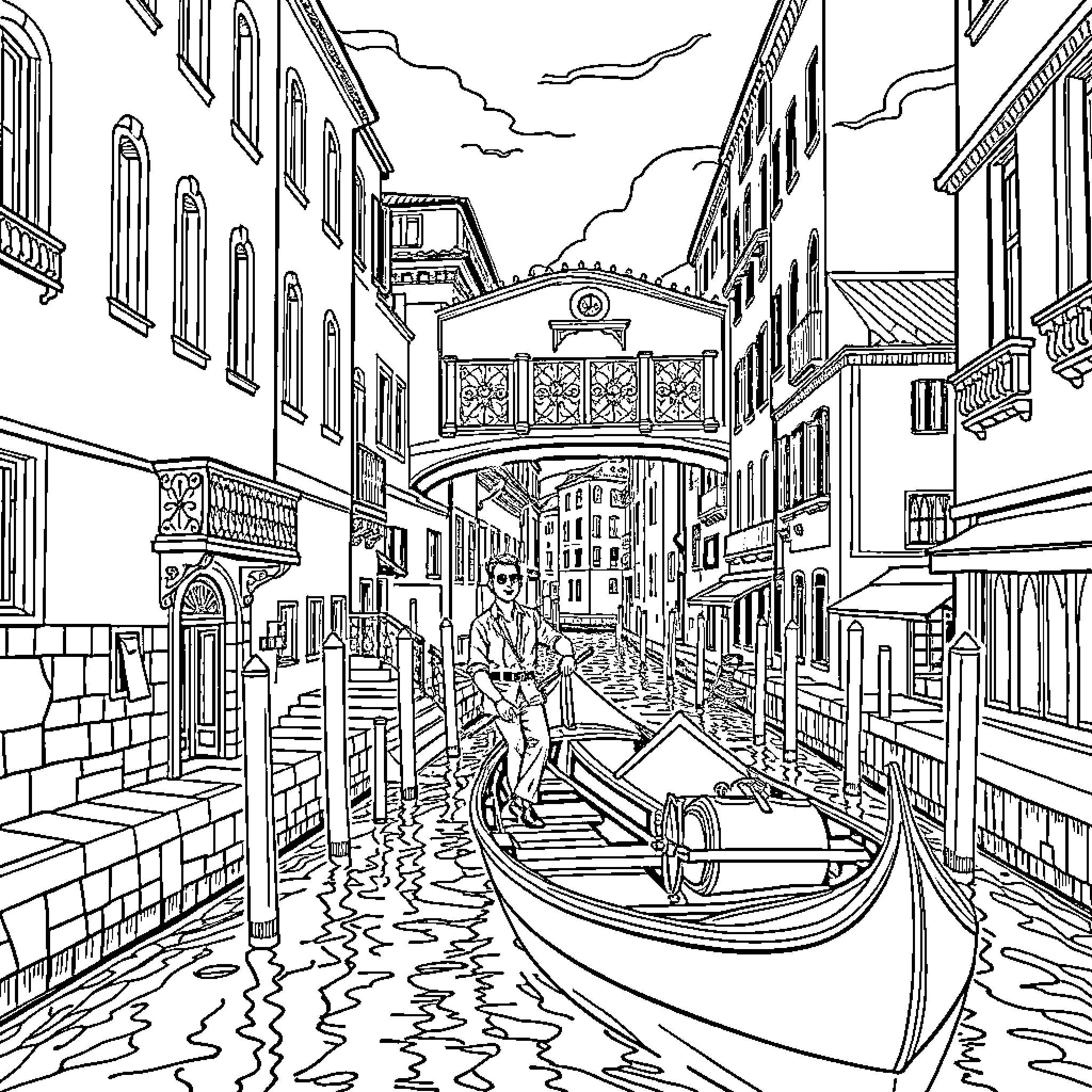 Gardaland Character Exploring Picturesque Venetian Waterway Coloring Page (free black-and-white line drawing printable PDF for all, from beginners to advanced learners, including children, teens, adults, and seniors)