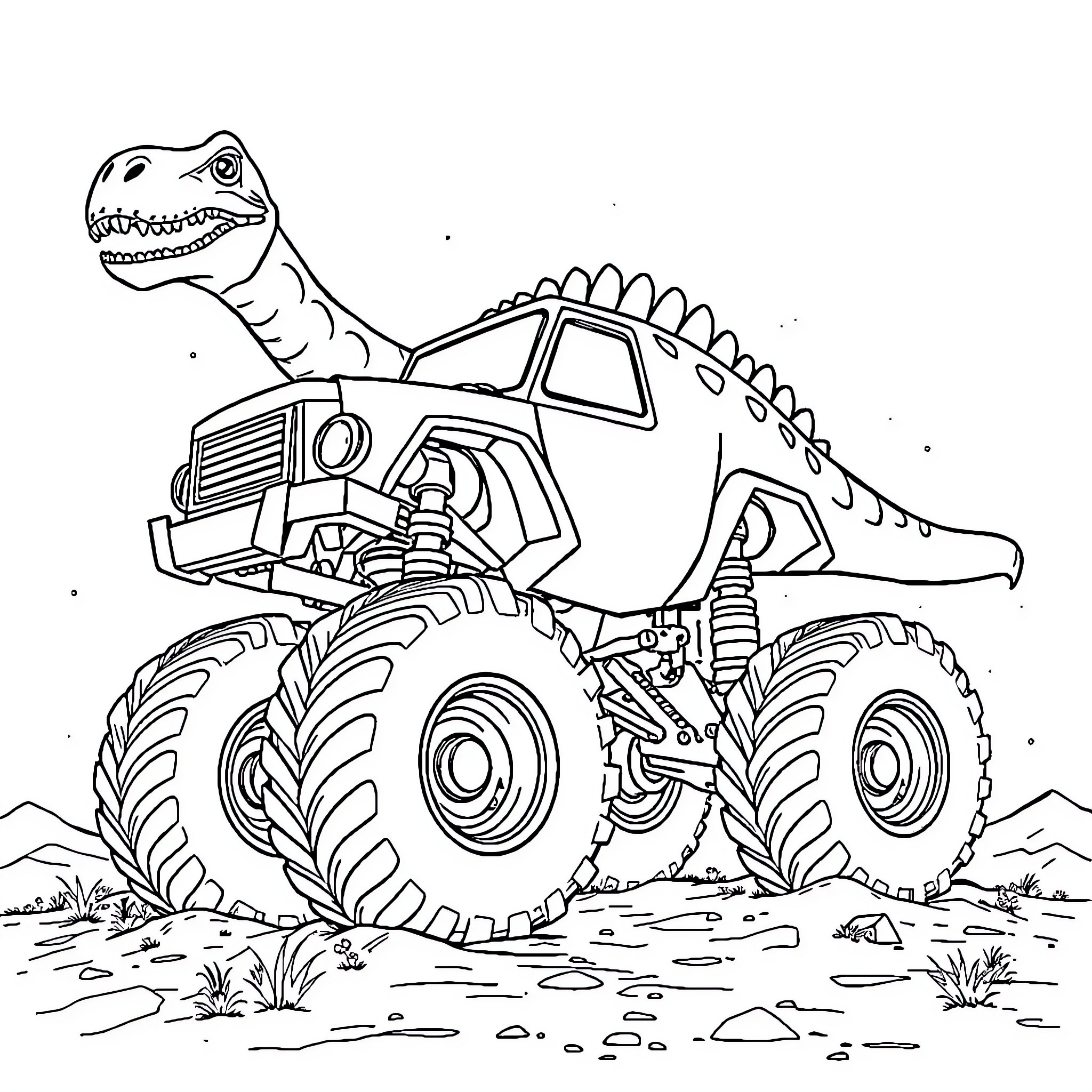 Brontosaurus monster truck racing through the desert Coloring Page (free black-and-white line drawing printable PDF for all, from beginners to advanced learners, including children, teens, adults, and seniors)