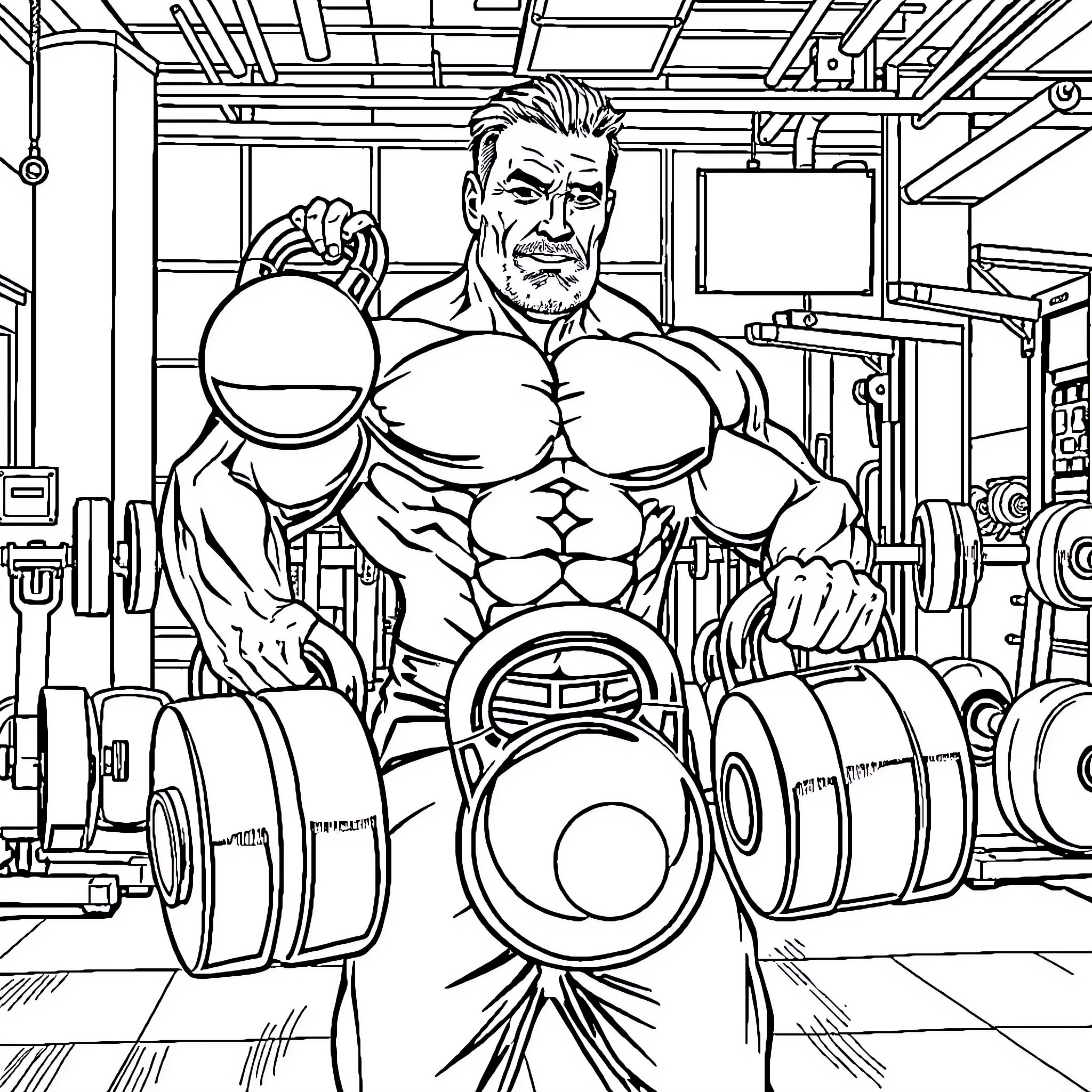 Dad's Powerful Gym Workout in the Fitness Center Coloring Page (free black-and-white line drawing printable PDF for all, from beginners to advanced learners, including children, teens, adults, and seniors)