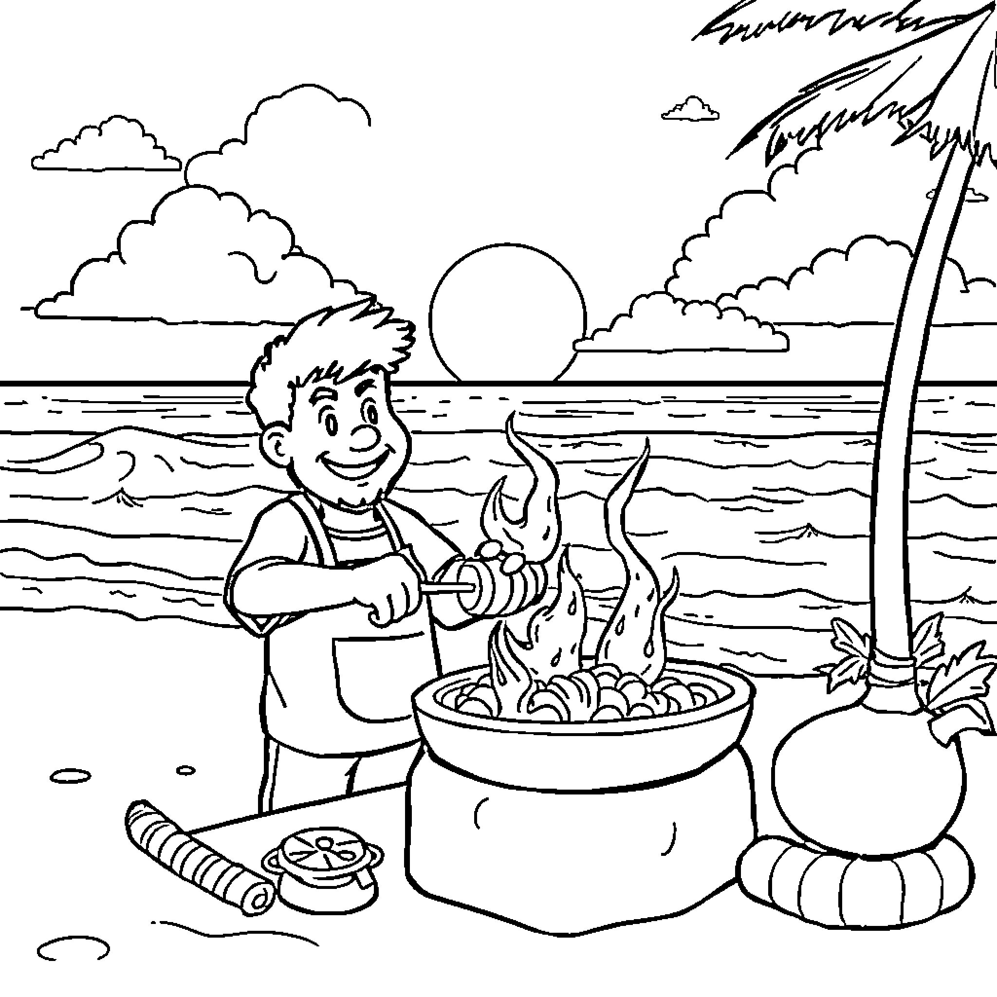 Chicken Cooking Delicious Meal by the Beach Coloring Page (free black-and-white line drawing printable PDF for all, from beginners to advanced learners, including children, teens, adults, and seniors)